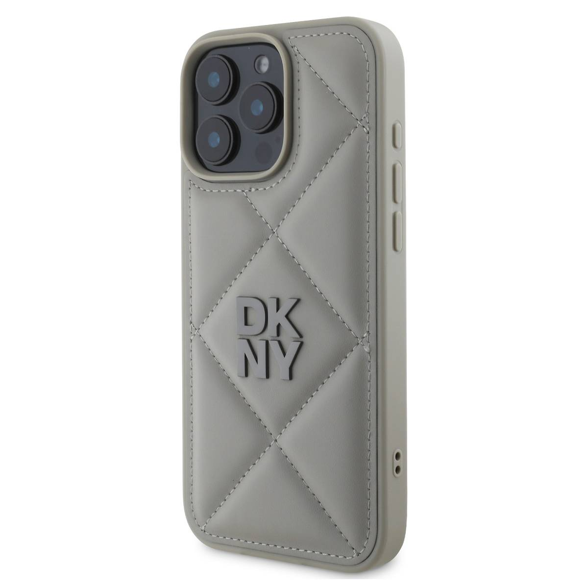 Custodia per telefono DKNY grigia con design trapuntato. Ha un ritaglio per la fotocamera e pulsanti laterali.