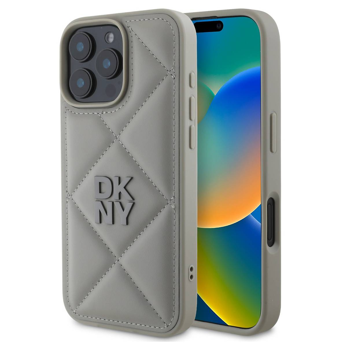 Una custodia DKNY grigia su un iPhone. La custodia ha un design trapuntato, fotocamera rialzata e pulsanti laterali. Lo schermo del telefono mostra blu e giallo.