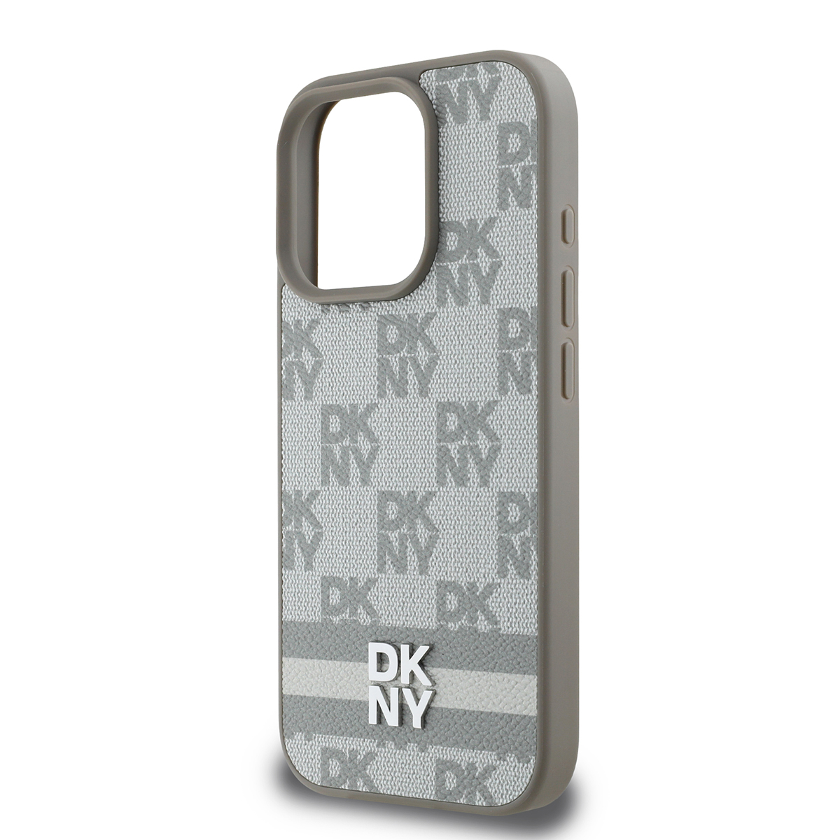 Una custodia per telefono con motivo DKNY grigio e bianco. La custodia è grigia, con il logo DKNY in basso.
