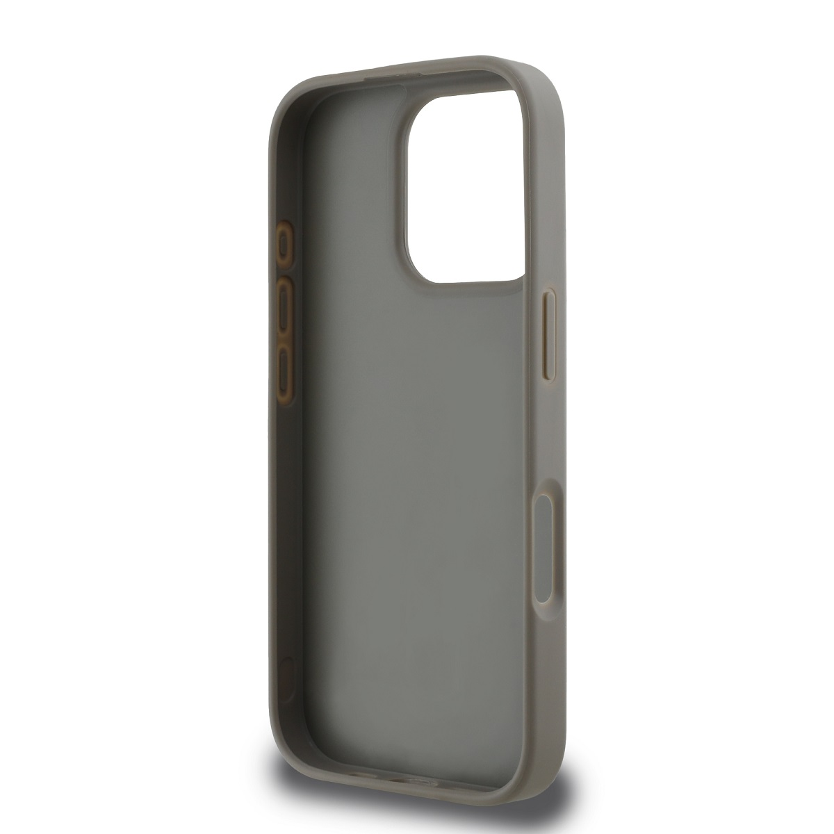 Una custodia grigia per telefono con ritagli per fotocamera e pulsanti su sfondo bianco.