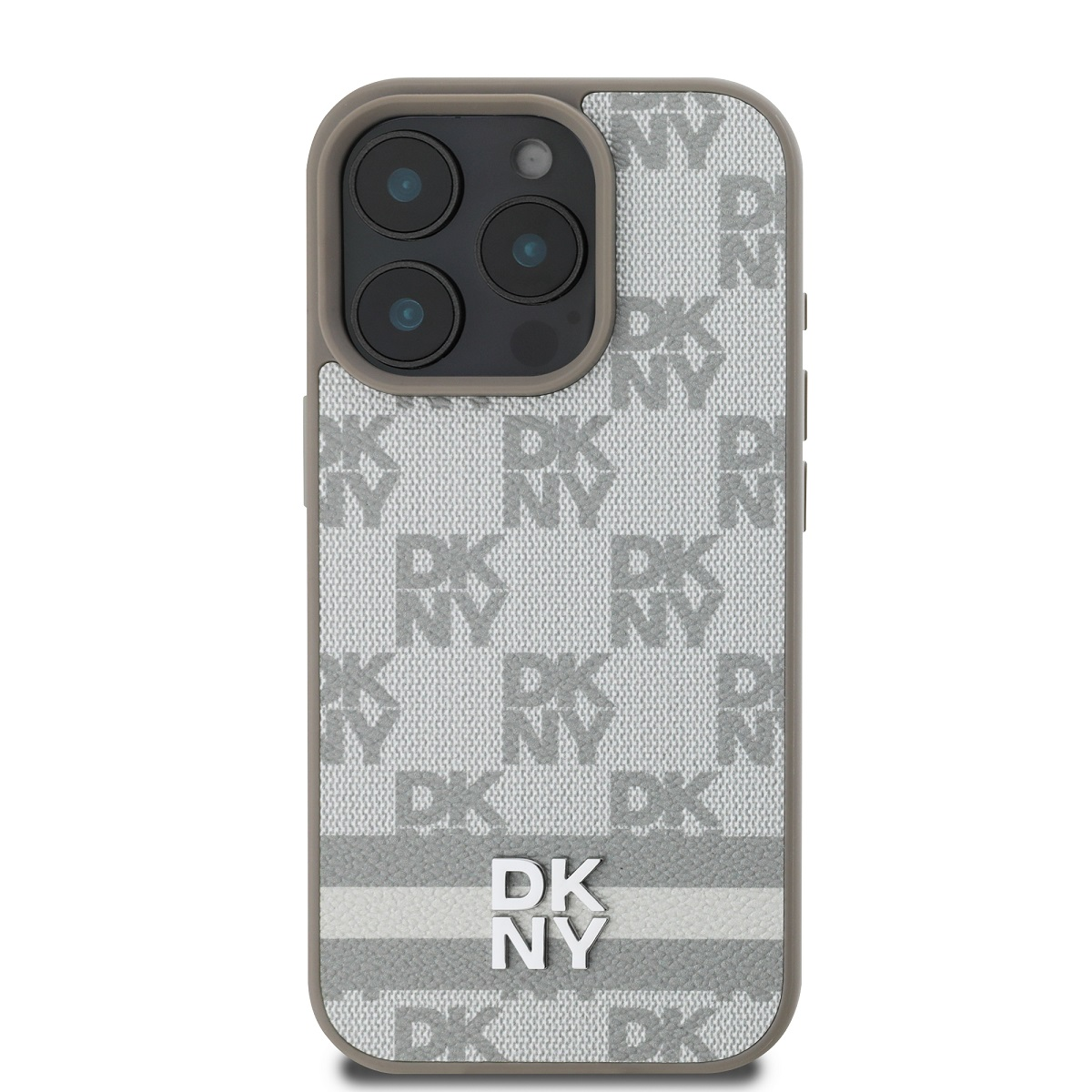 Custodia per telefono con logo DKNY. Motivo grigio e bianco con ritaglio per fotocamera. La custodia è grigia, il logo argento.
