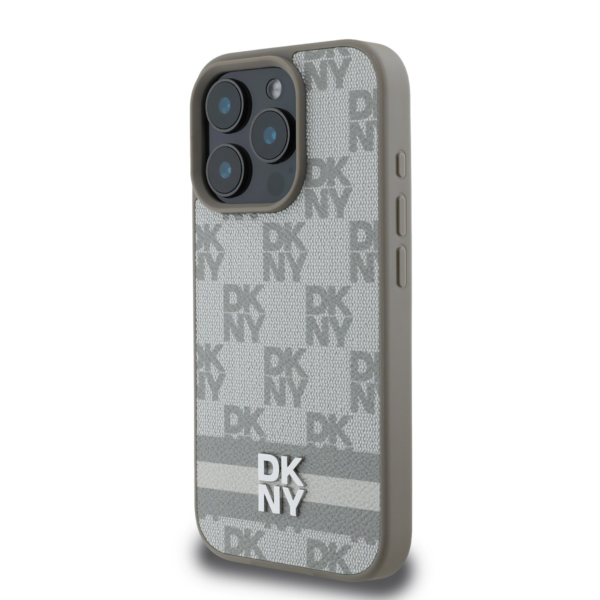 Una custodia per telefono con motivo DKNY. La custodia è grigia con il logo del marchio. Ha un modulo fotocamera e pulsanti laterali.