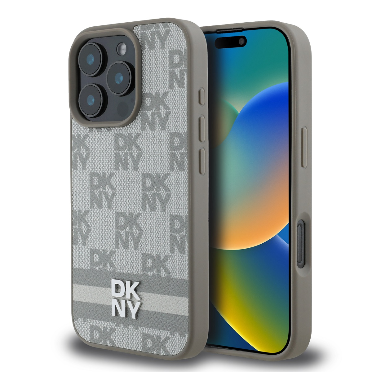 Un iPhone con custodia DKNY grigia. La custodia ha un logo e un motivo. Lo schermo mostra uno sfondo colorato.