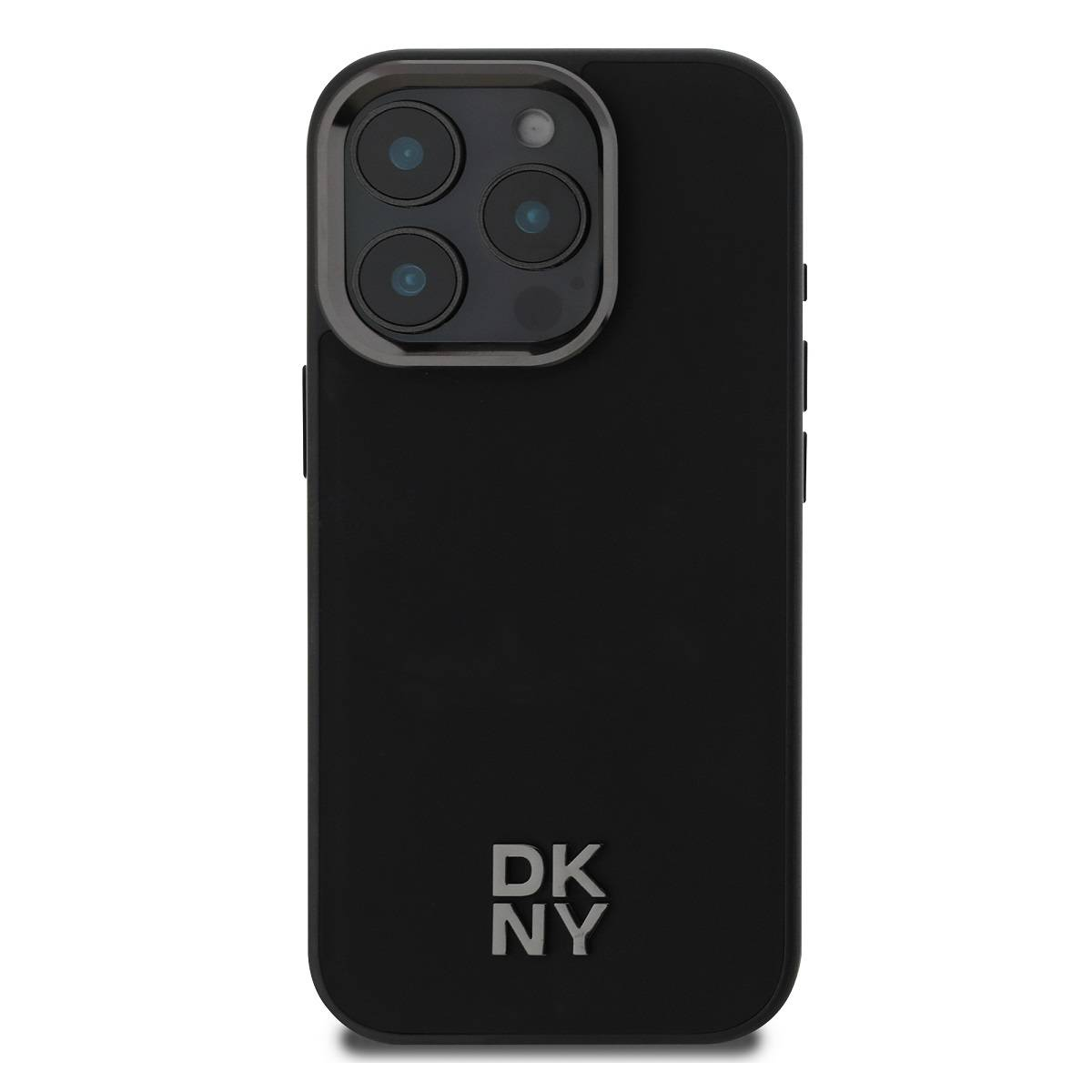 Custodia per telefono nera con tre obiettivi e le lettere DKNY. La custodia è nera con un bordo argentato attorno alla fotocamera.