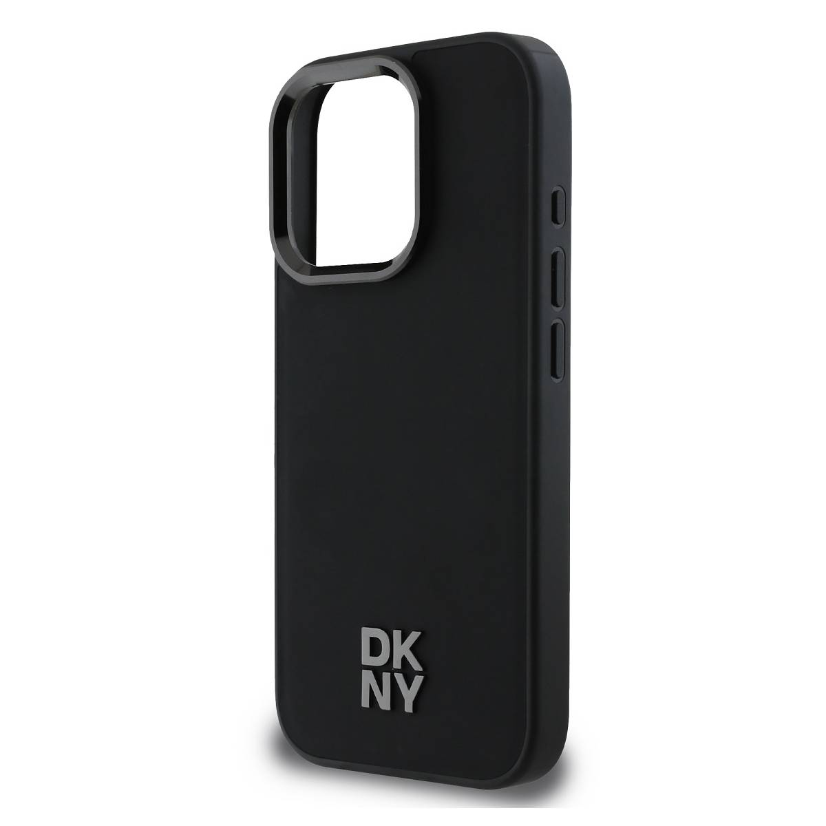 Una custodia nera DKNY per telefono. Ha un ritaglio per la fotocamera e pulsanti laterali. Il logo DKNY è in basso.