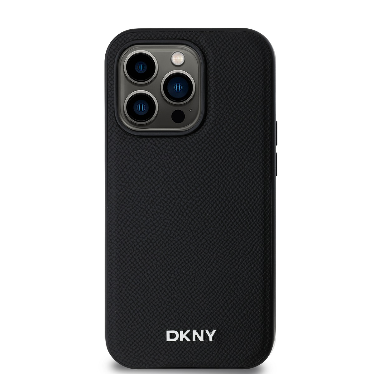 Custodia per telefono DKNY nera. Presenta un modulo fotocamera con tre obiettivi e un flash. La custodia ha una superficie strutturata.