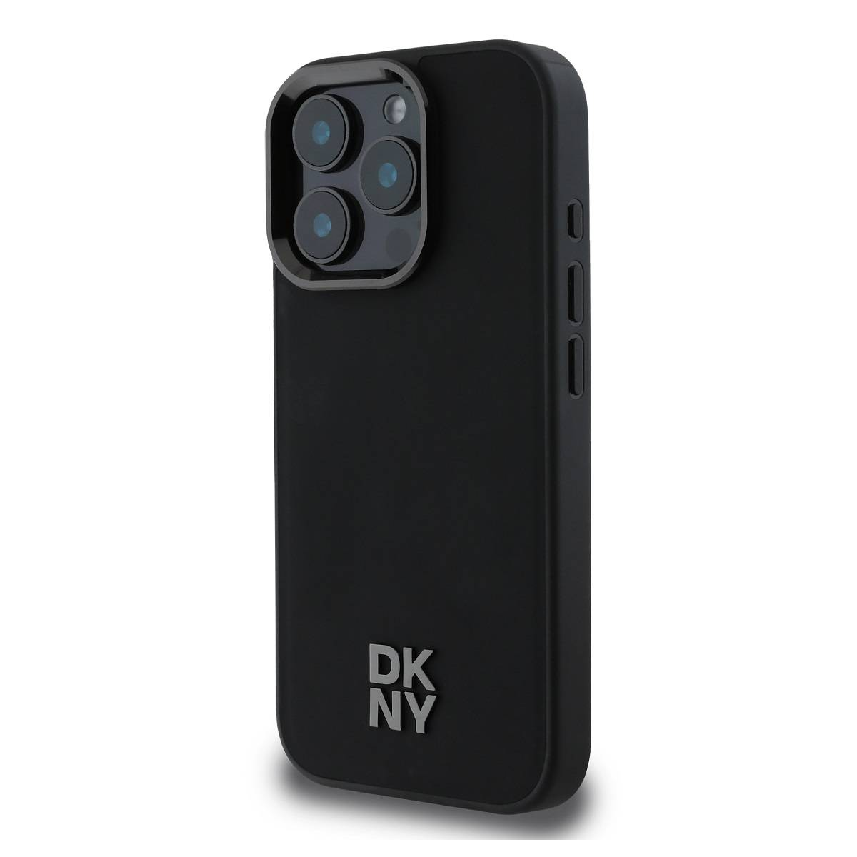 Un iPhone nero in una custodia con logo DKNY. La custodia ha un array di fotocamere con più lenti.
