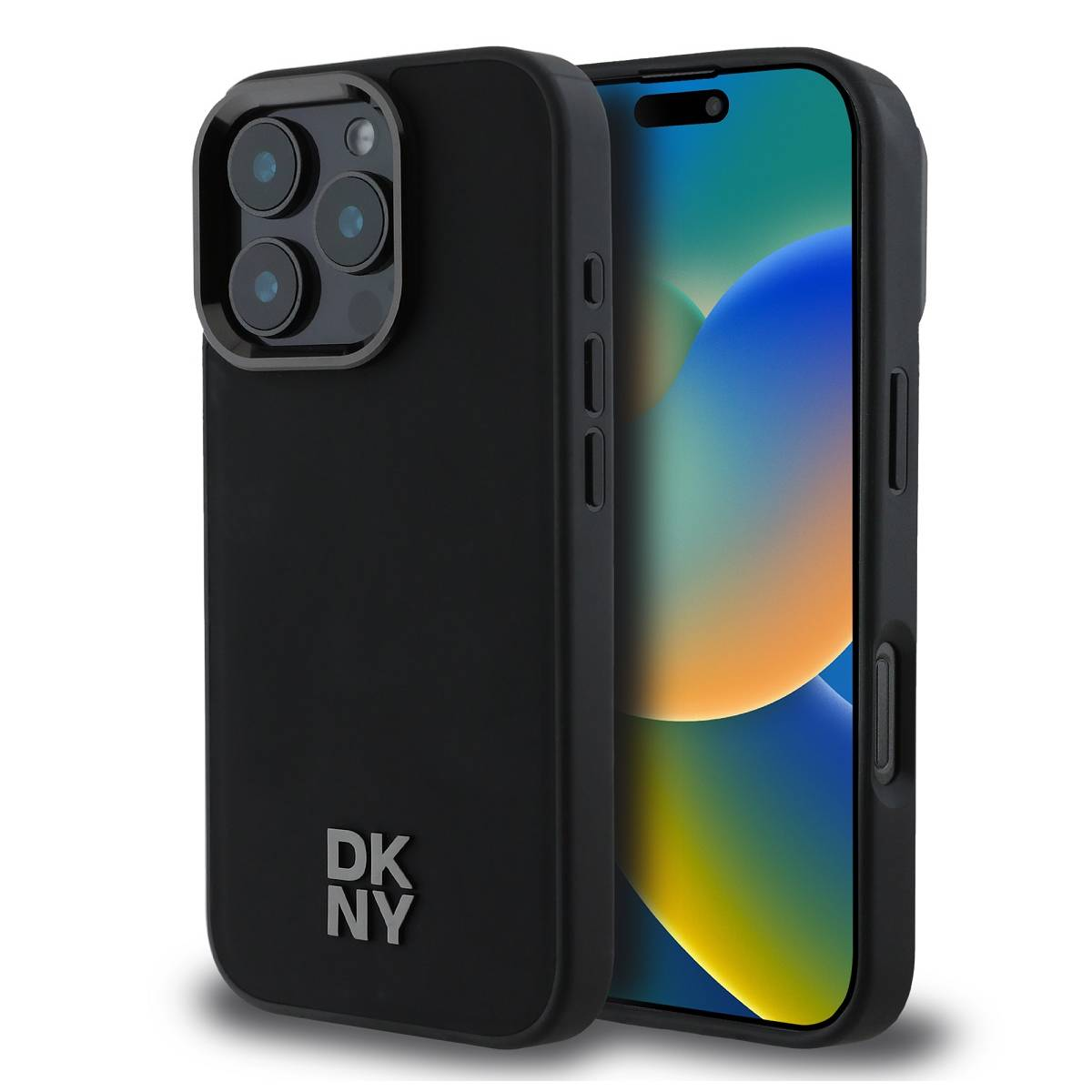 iPhone nero in una custodia DKNY. Lo schermo mostra uno sfondo. La custodia ha il logo DKNY.