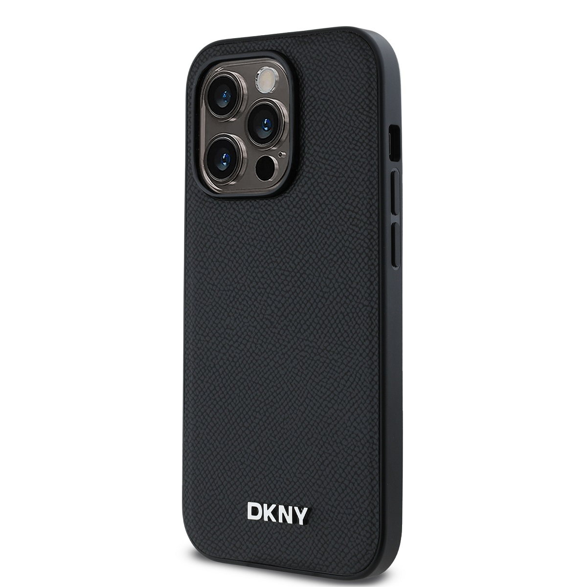 Una custodia per telefono DKNY nera. Ha una superficie strutturata e un modulo fotocamera con più lenti. Il logo DKNY è visibile.