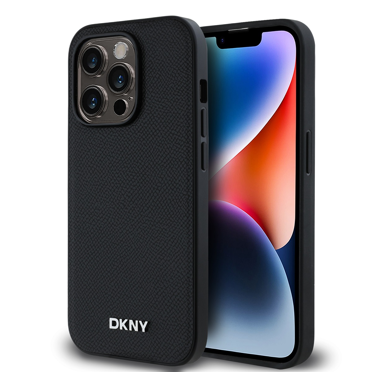 Un iPhone nero con custodia DKNY nera. Il telefono mostra uno sfondo colorato. La custodia ha una superficie strutturata.