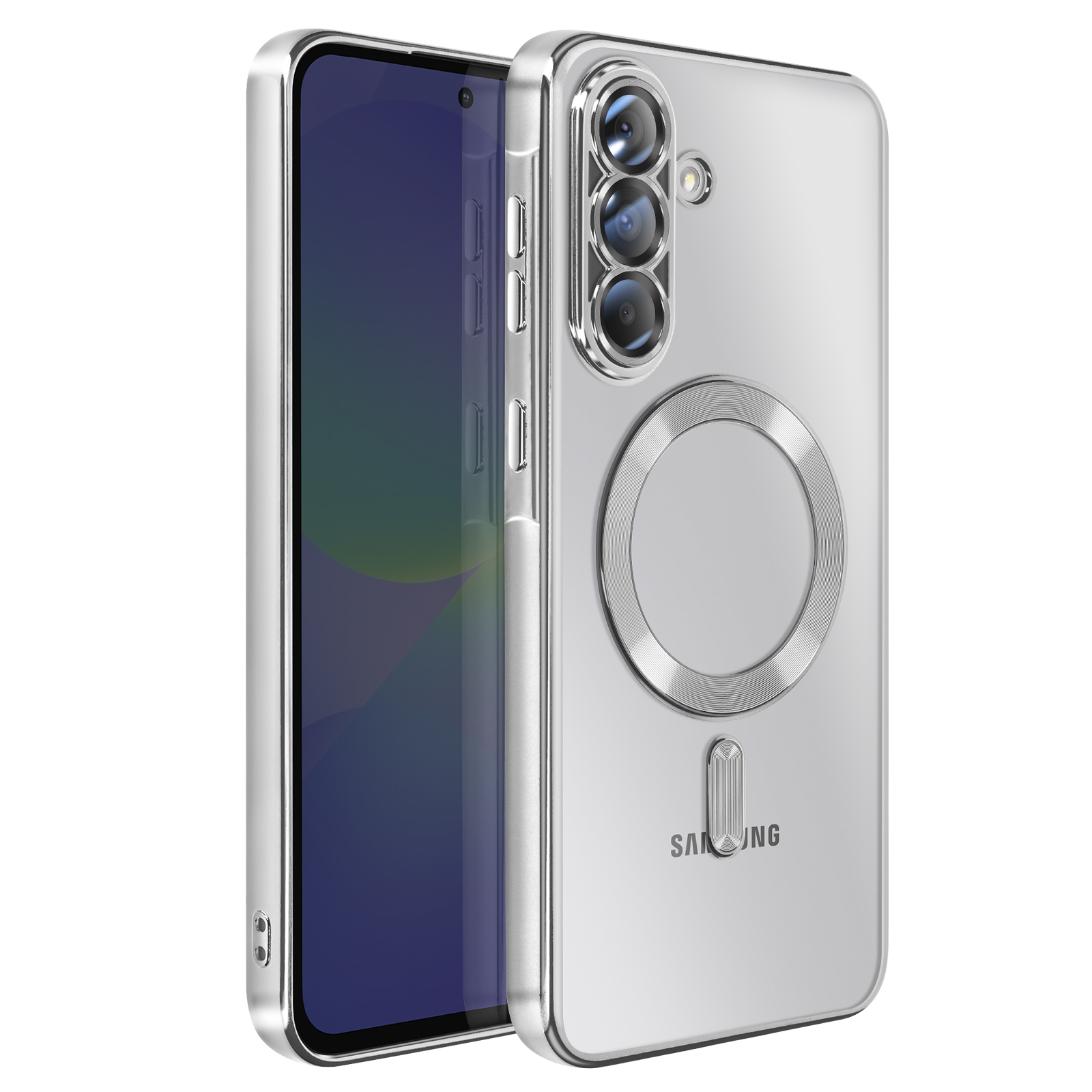 Une coque de téléphone argentée, avec trois caméras, un design circulaire et le mot 'SAMSUNG' visible.