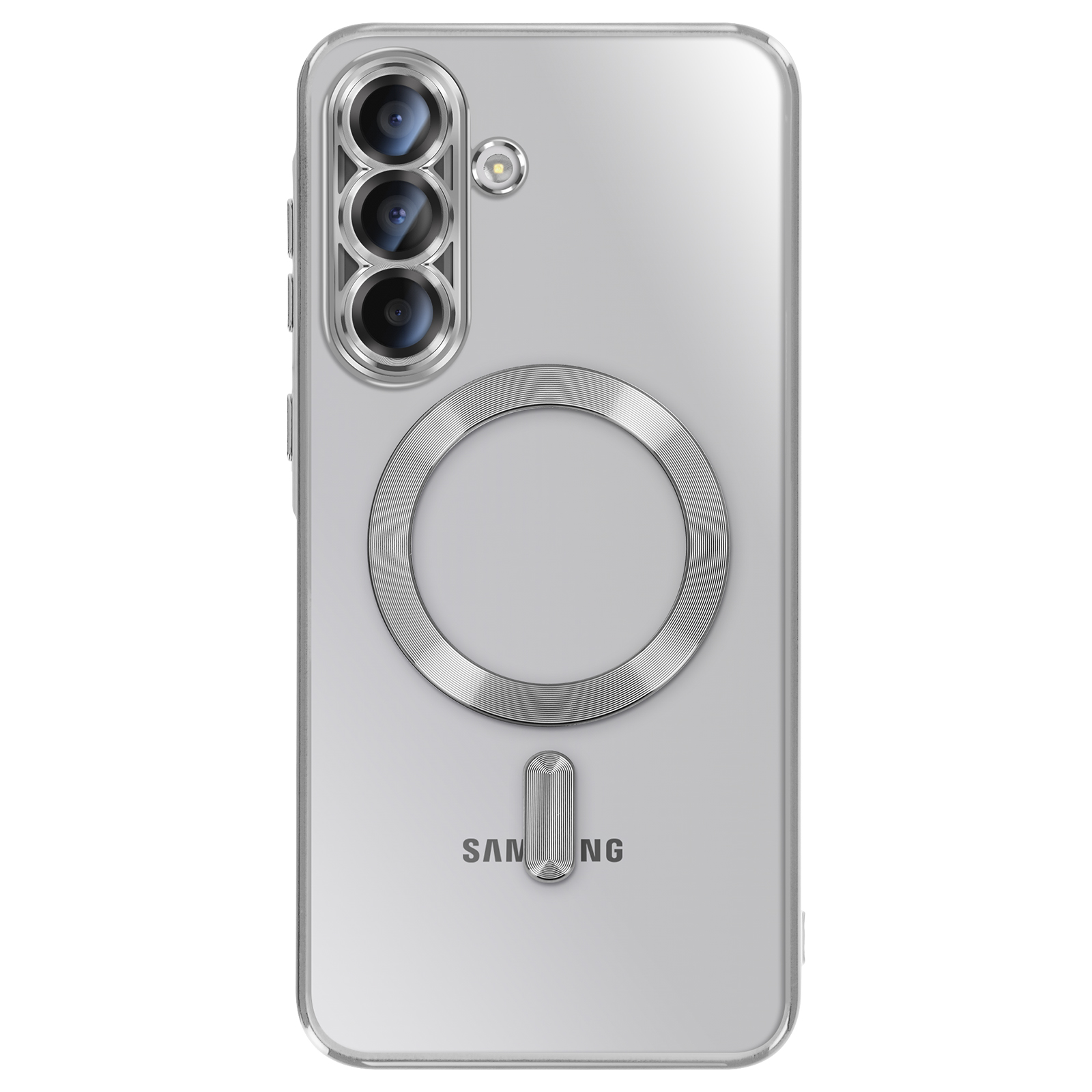 Coque de téléphone transparente avec trois caméras, un anneau circulaire et un rectangle vertical. Logo Samsung visible.