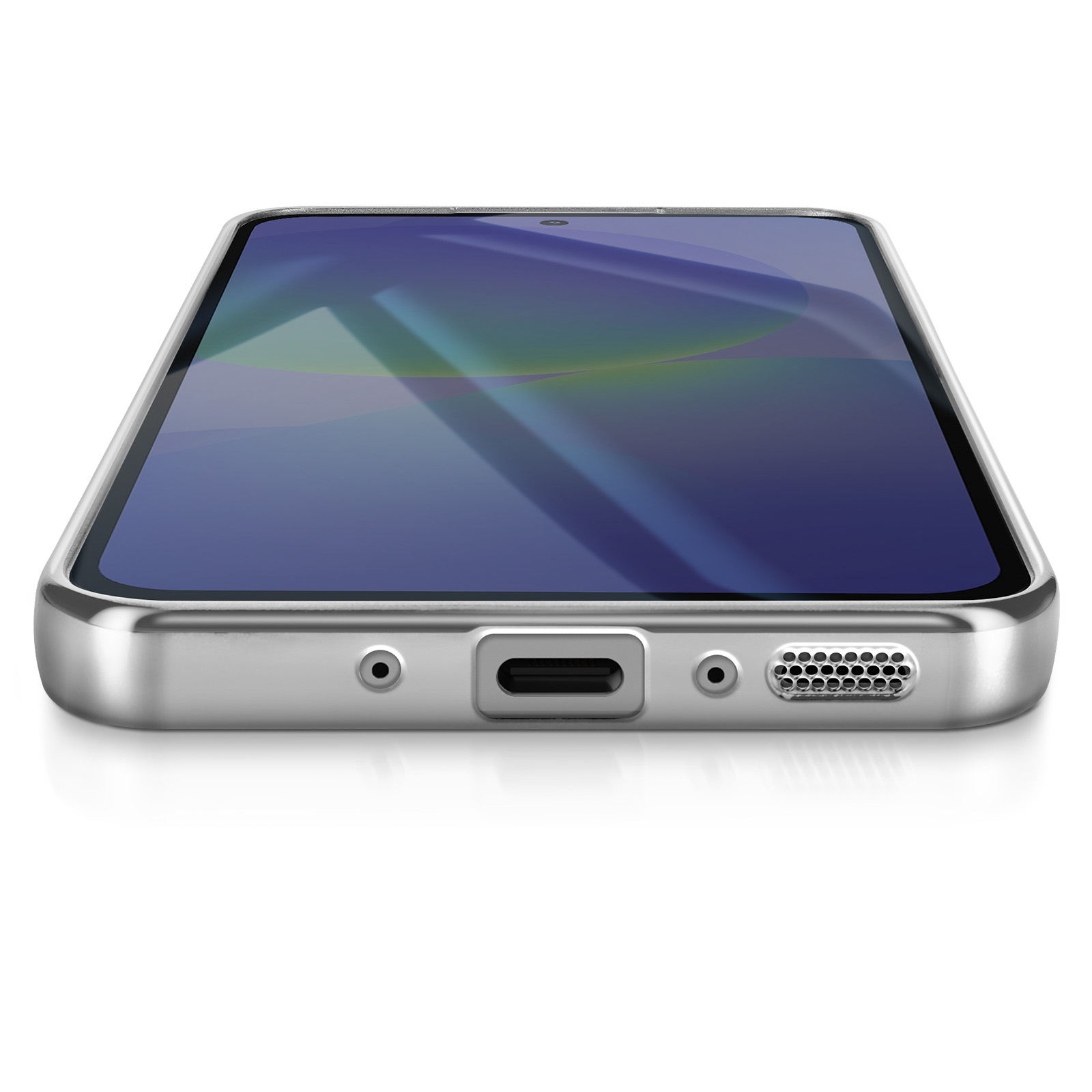 Un smartphone argenté est posé sur une surface blanche. L'écran affiche un motif abstrait bleu et vert. Il possède des ports.