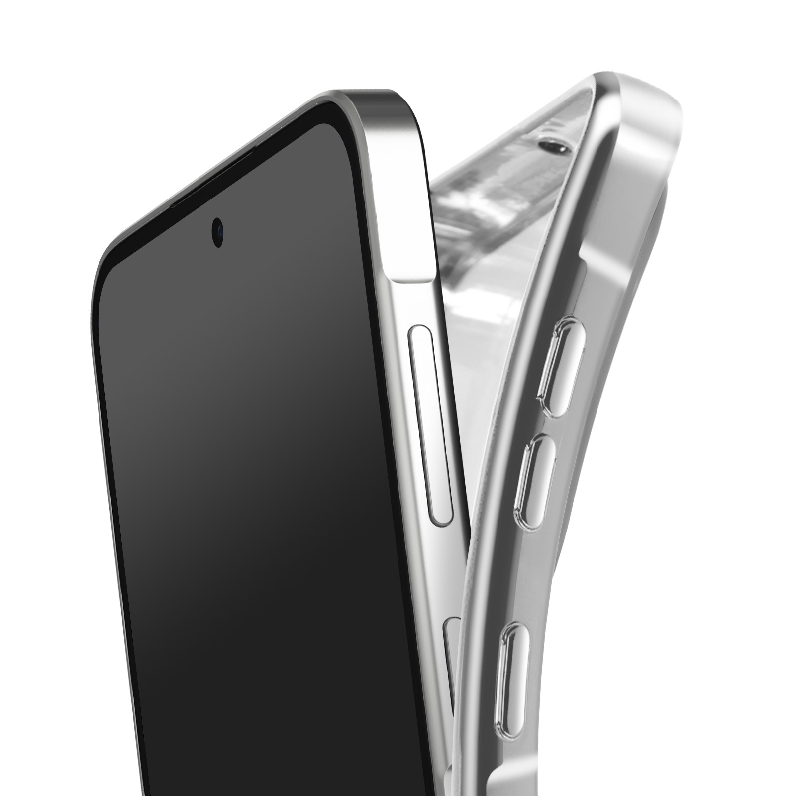 Un smartphone et une coque transparente sur fond blanc. L'écran est noir. La coque semble être en plastique.