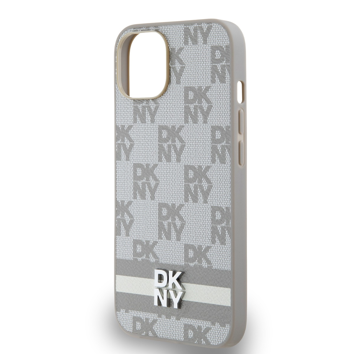 Una custodia per telefono con un motivo DKNY grigio. Ha una striscia bianca e il logo DKNY. La custodia è su sfondo bianco.