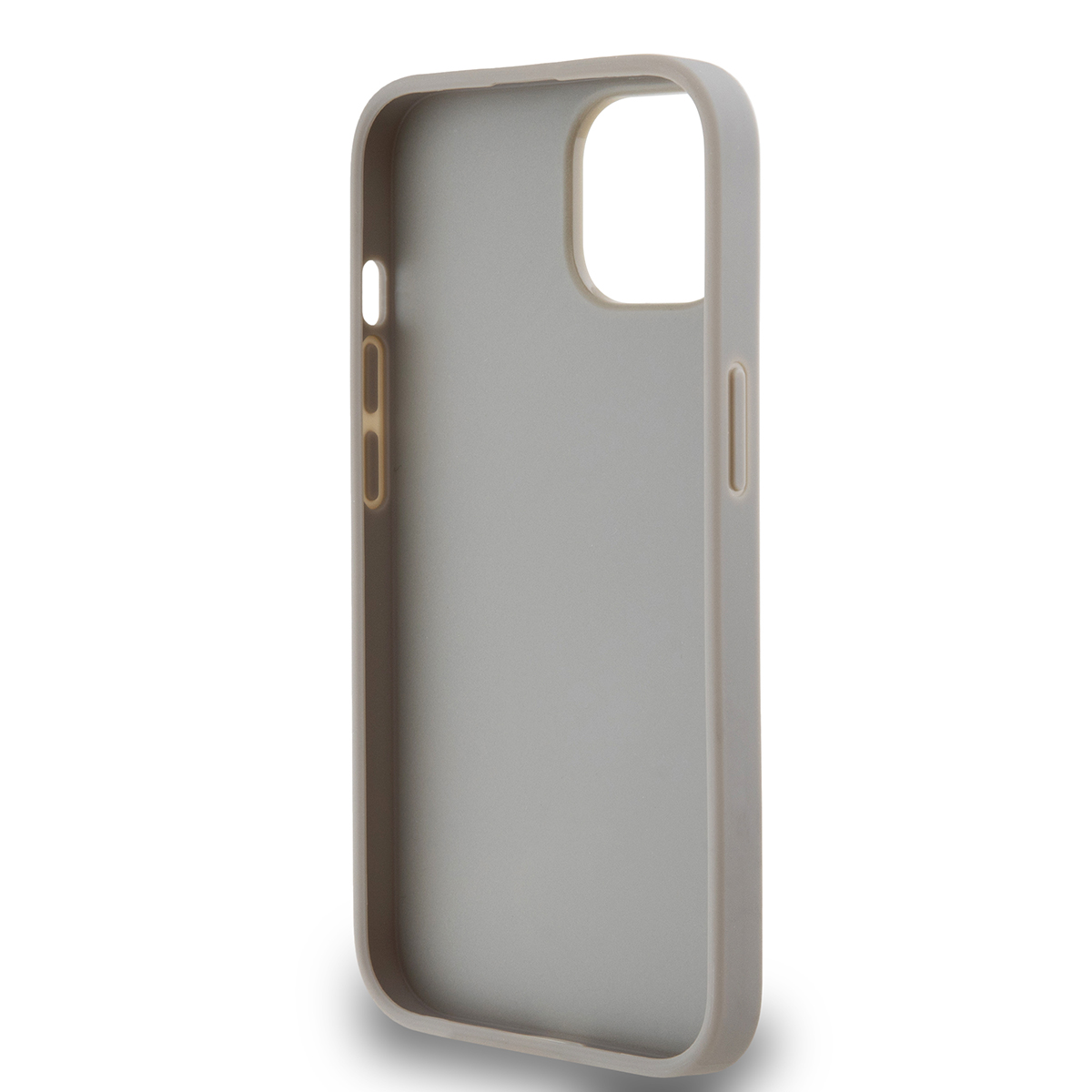 Una custodia grigia per telefono, leggermente angolata, con superficie liscia. Presenta fori per fotocamera e pulsanti, su sfondo bianco.