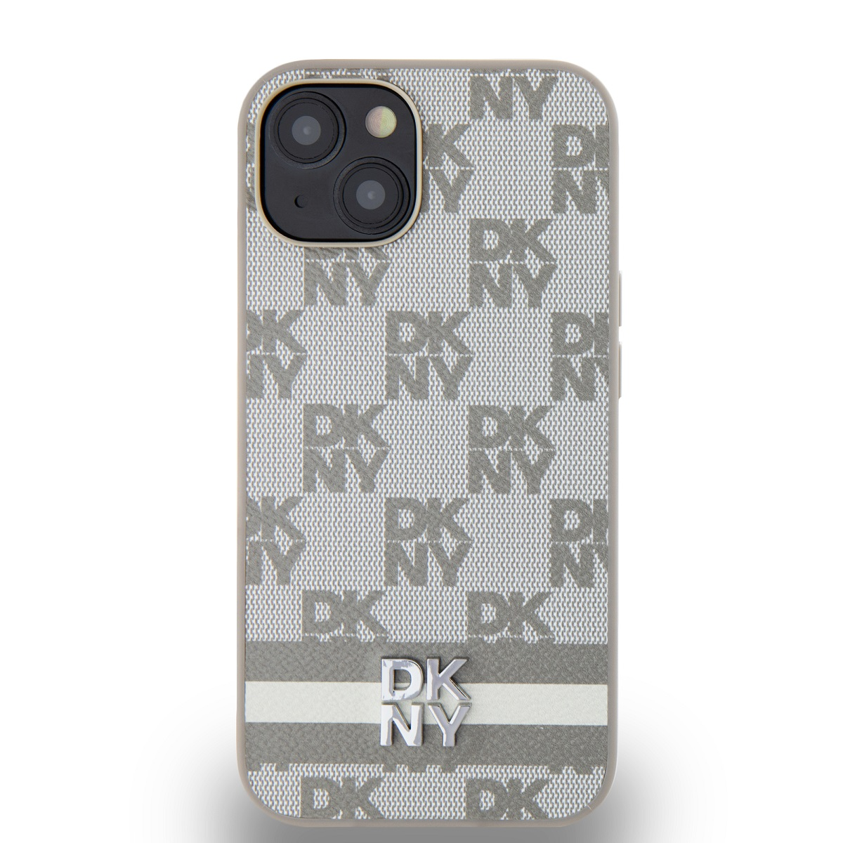 Una custodia per telefono con un motivo DKNY grigio. La custodia ha una striscia bianca e un logo DKNY in basso.