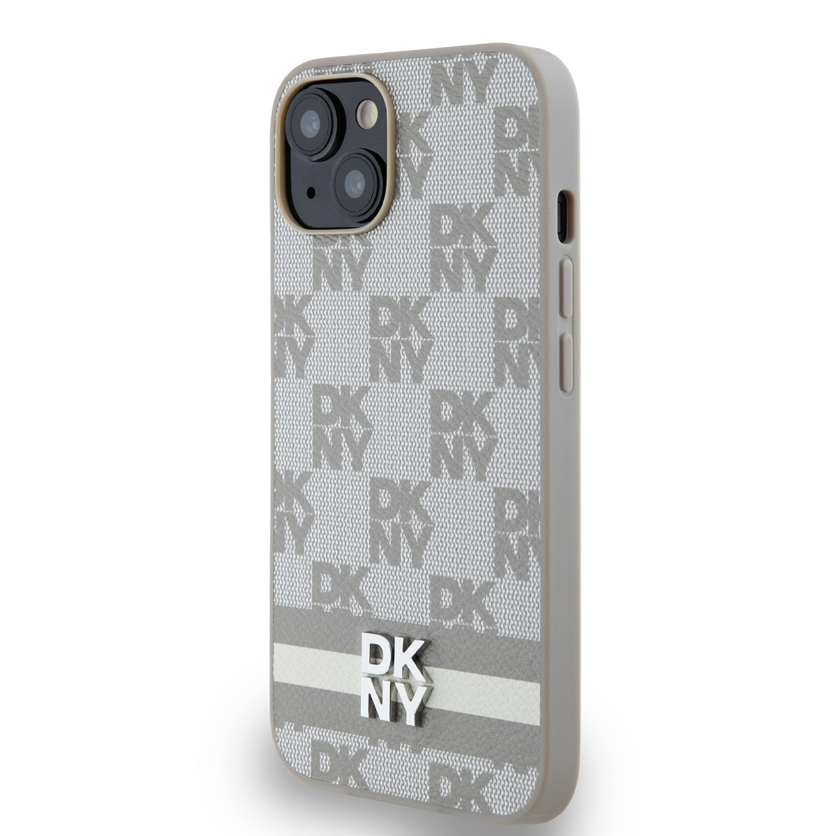 Una custodia per iPhone con motivo e logo DKNY grigi. Ha un modulo fotocamera e pulsanti laterali.