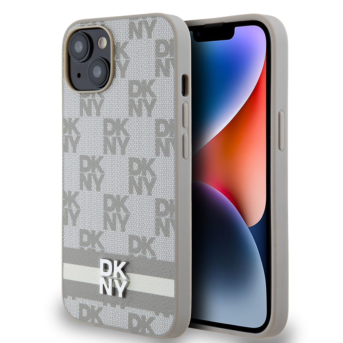 Un telefono in una custodia DKNY. La custodia è grigia con un motivo di loghi DKNY. Lo schermo del telefono mostra uno sfondo colorato.