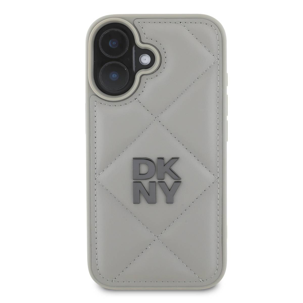 Una custodia grigia DKNY con lenti della fotocamera e un motivo a diamante.