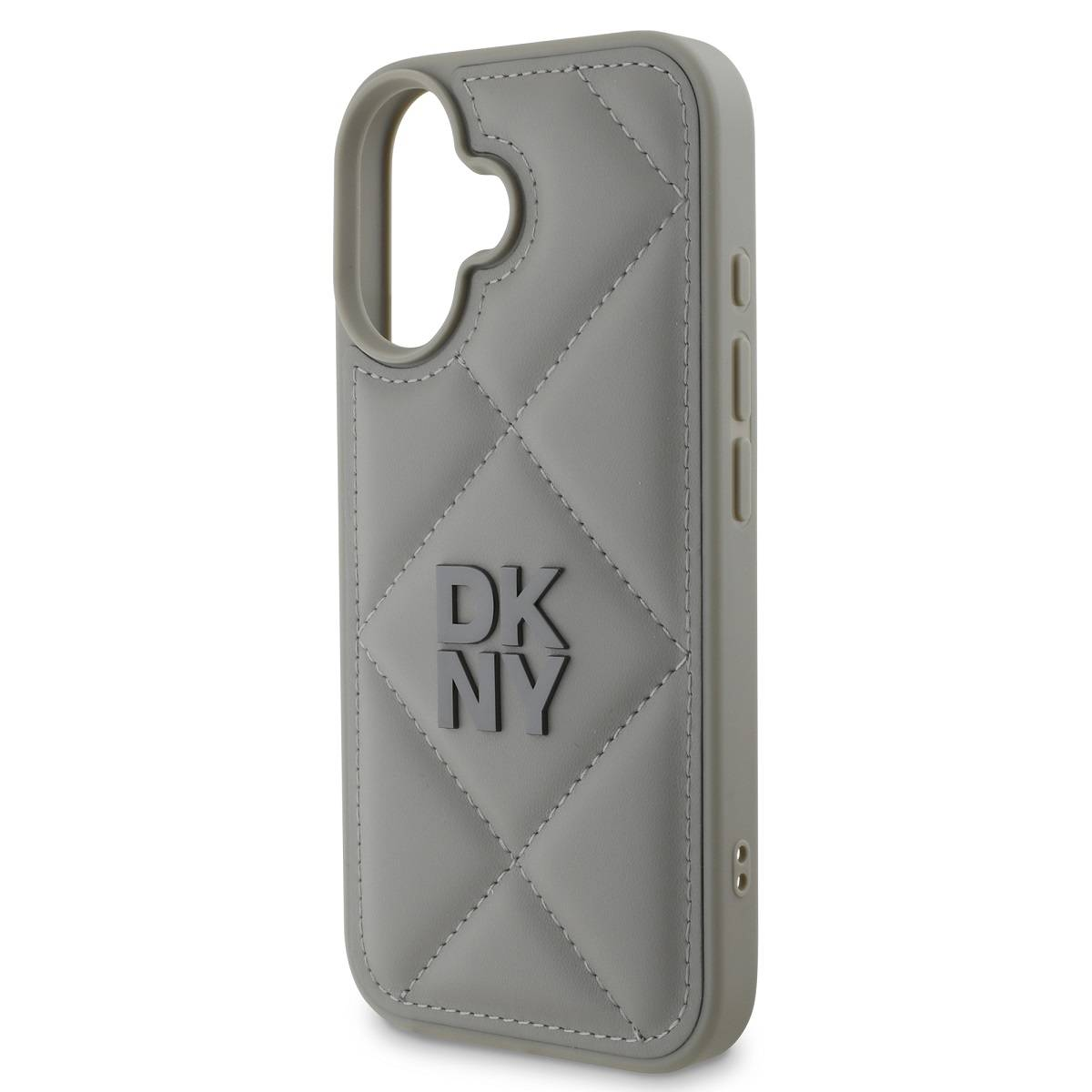 Una custodia grigia per telefono con texture trapuntata e le lettere DK NY. Ha un ritaglio per la fotocamera e i pulsanti laterali.