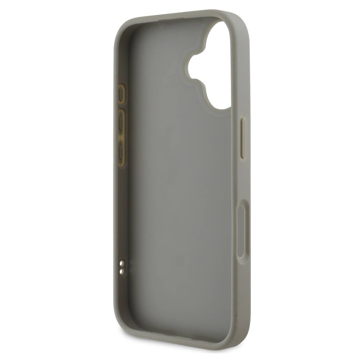 Una custodia grigia per telefono è esposta su sfondo bianco. Ha ritagli per la fotocamera, i pulsanti e la porta di ricarica. La custodia è vuota.