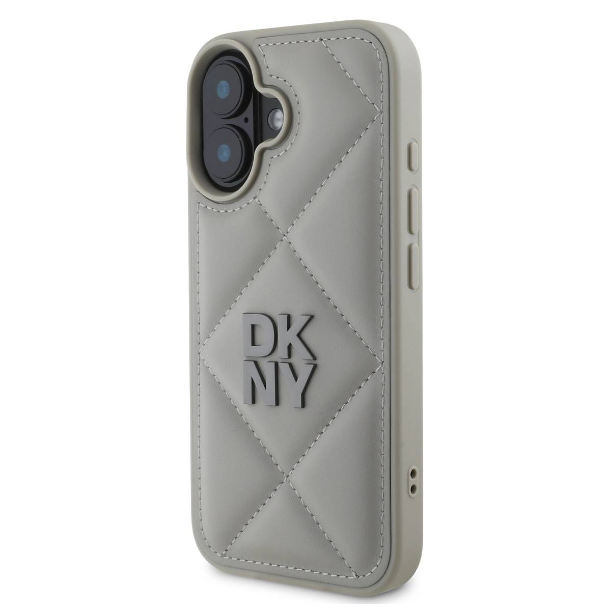 Custodia grigia DKNY con design trapuntato, lenti della fotocamera visibili. La custodia è su sfondo bianco.
