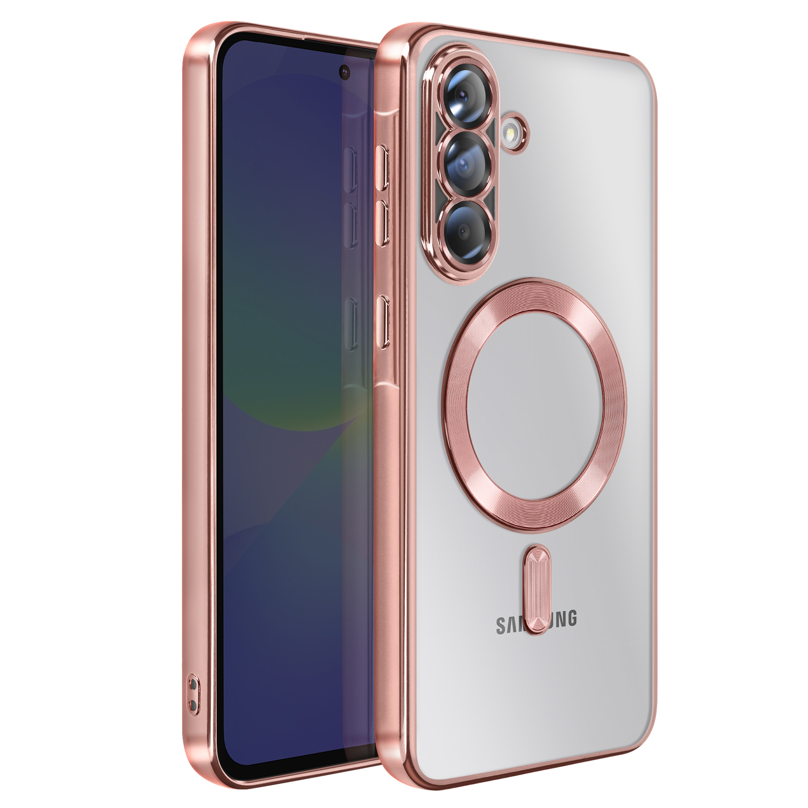 Une coque de téléphone or rose pour un téléphone Samsung. Elle a un dos transparent avec un anneau circulaire et un support magnétique.