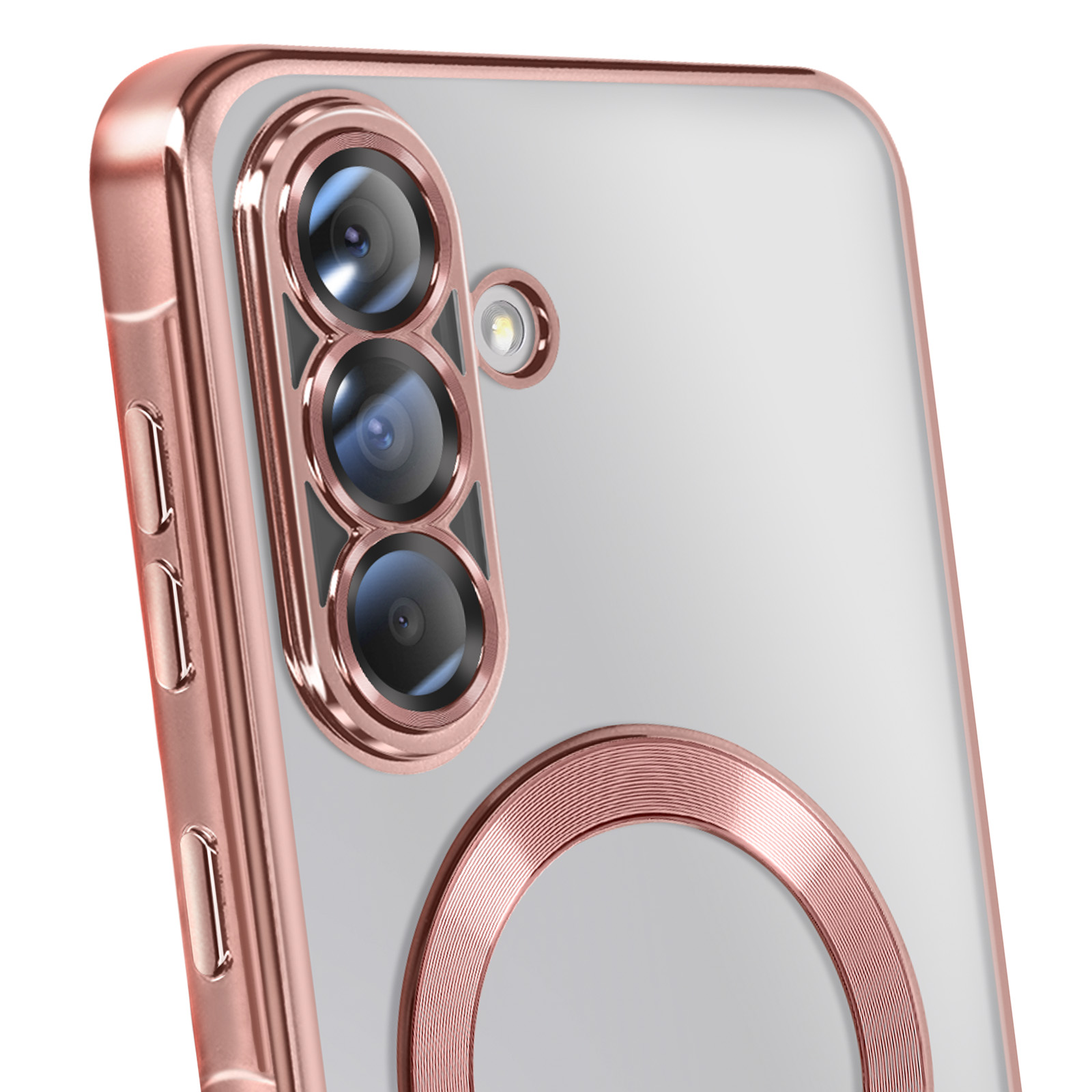Gros plan sur une coque de téléphone avec une bordure or rose. On voit trois objectifs, un flash et un motif circulaire.