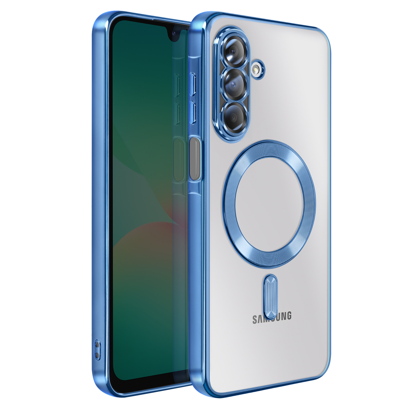 Een transparante telefoonhoes met blauwe randen en accenten. De hoes staat op een witte achtergrond. Het Samsung-logo is zichtbaar.