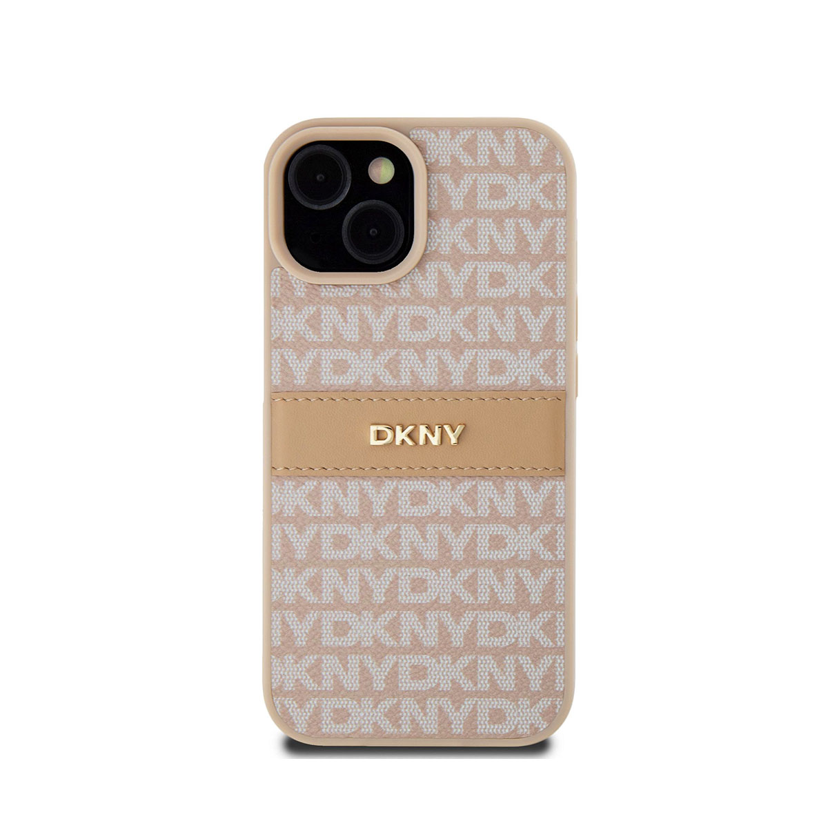 Una custodia per telefono con sfondo beige. La custodia ha un motivo 'DKNY' e 'NYDKNYI'. Una fascia beige con la scritta 'DKNY'.