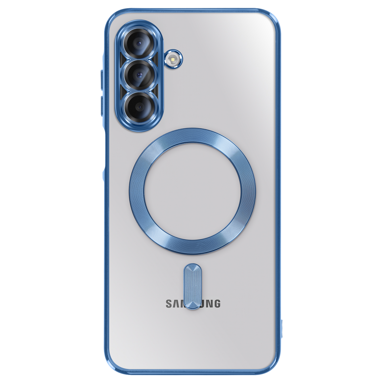 Een transparante telefoonhoes met blauwe randen en accenten, met cameralenzen en een ring voor magnetische bevestiging.