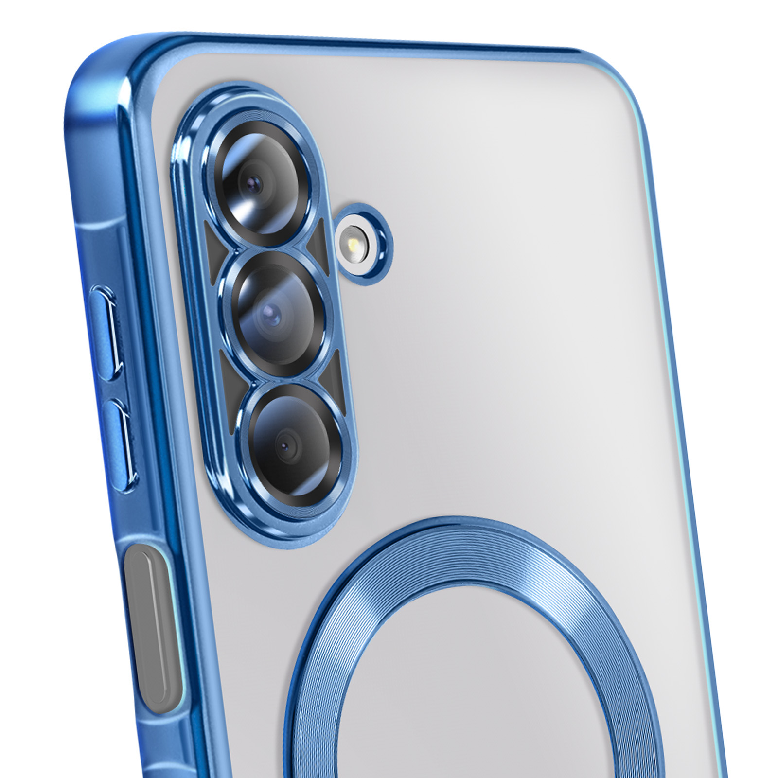 Close-up van een telefoonhoesje met blauwe accenten rond de cameralenzen en randen. De hoes is transparant.