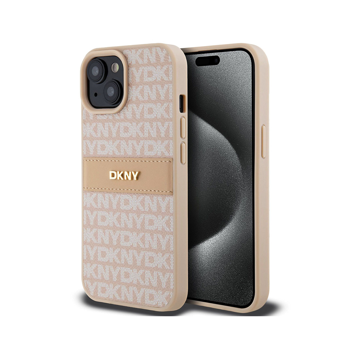 Un iPhone in una custodia DKNY. La custodia è beige con un motivo 'DKNY' ripetuto e un'applicazione in pelle con il logo DKNY.