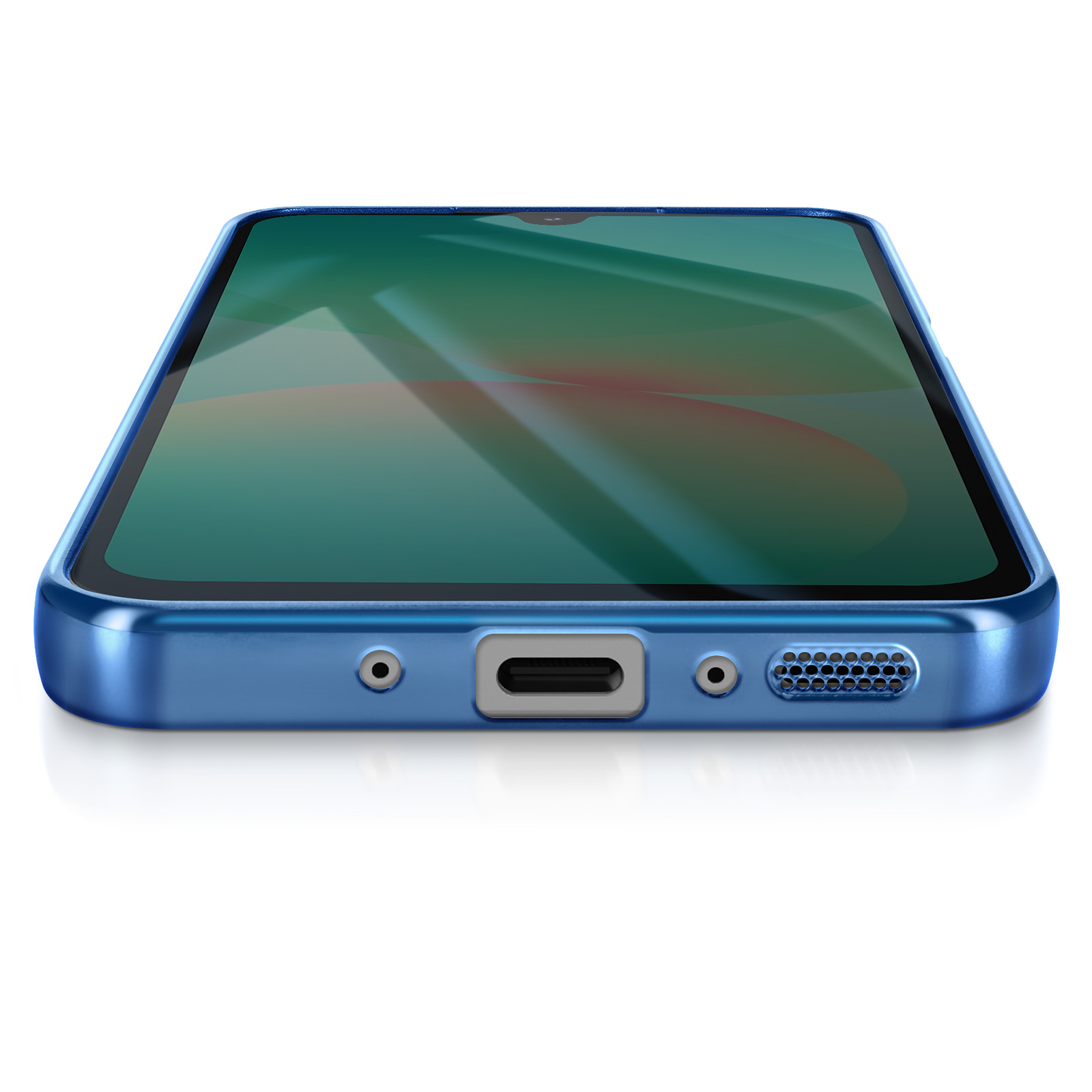 Blauwe smartphone, scherm met groen abstract ontwerp, ligt op wit oppervlak. Onderkant heeft poorten.