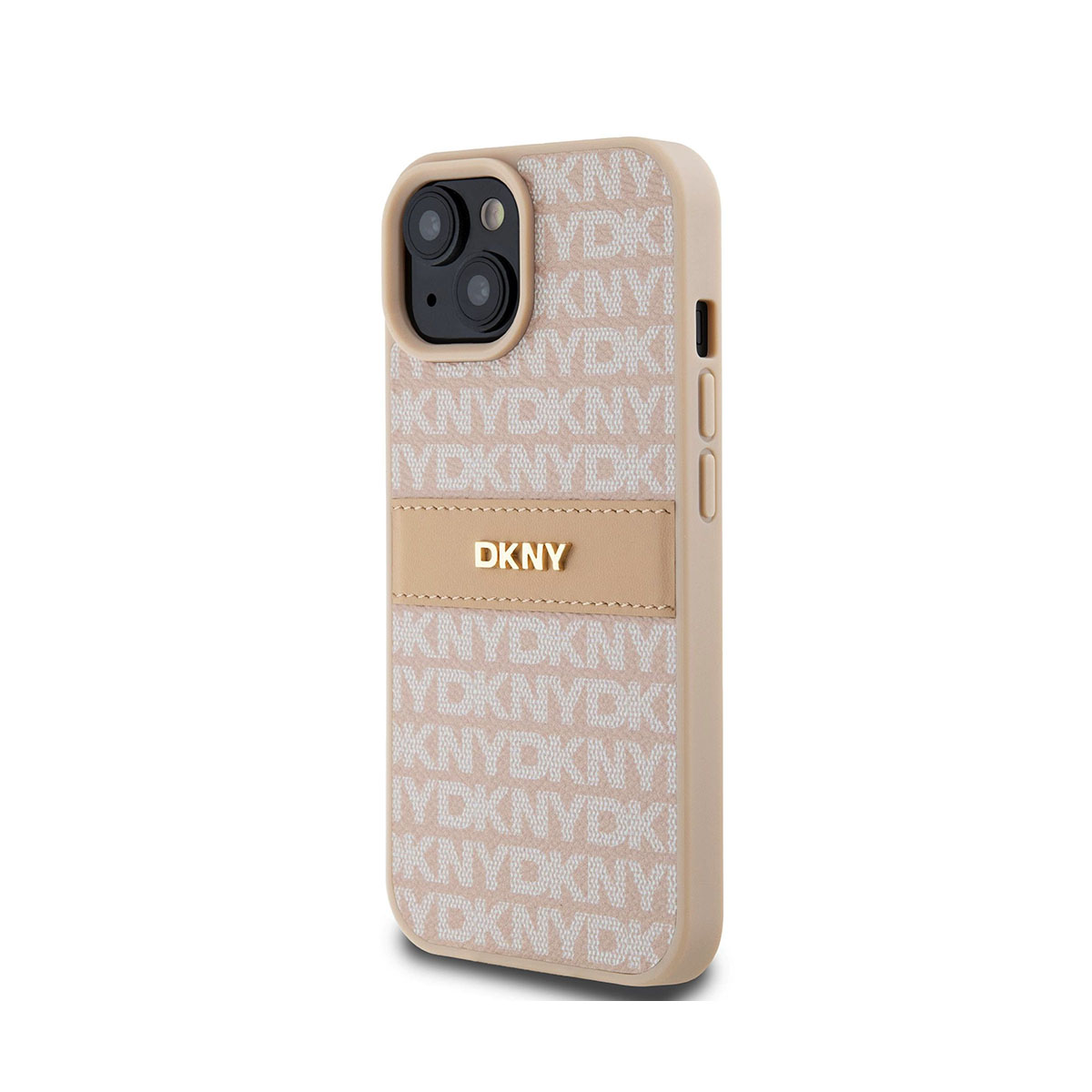 Una custodia per telefono beige con logo DKNY. La custodia presenta un motivo ripetuto con le lettere "DKNY" e si trova di fronte a uno sfondo bianco.