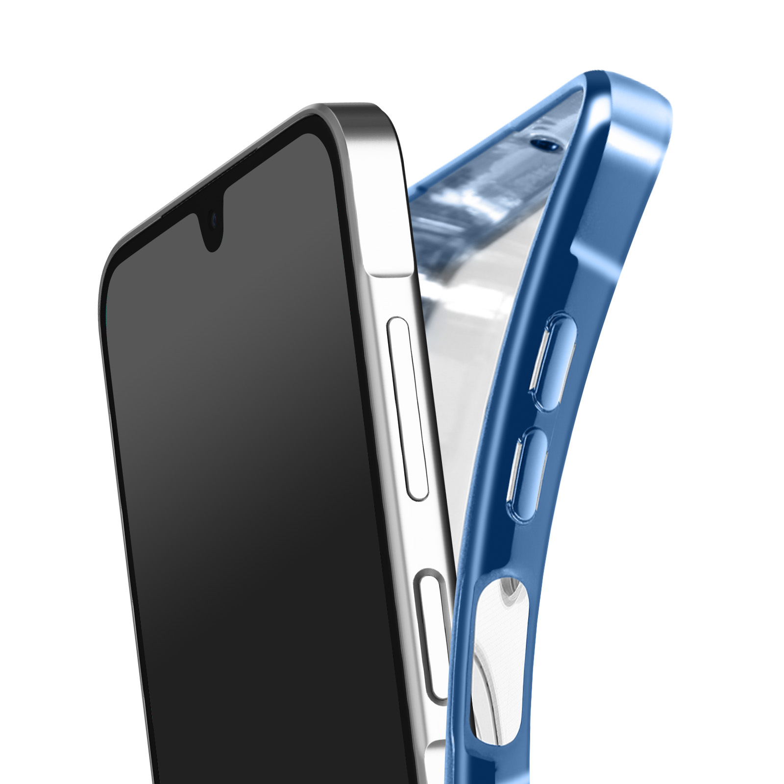 Een smartphone met een zwart scherm staat naast een transparante blauwe telefoonhoes. Witte achtergrond.