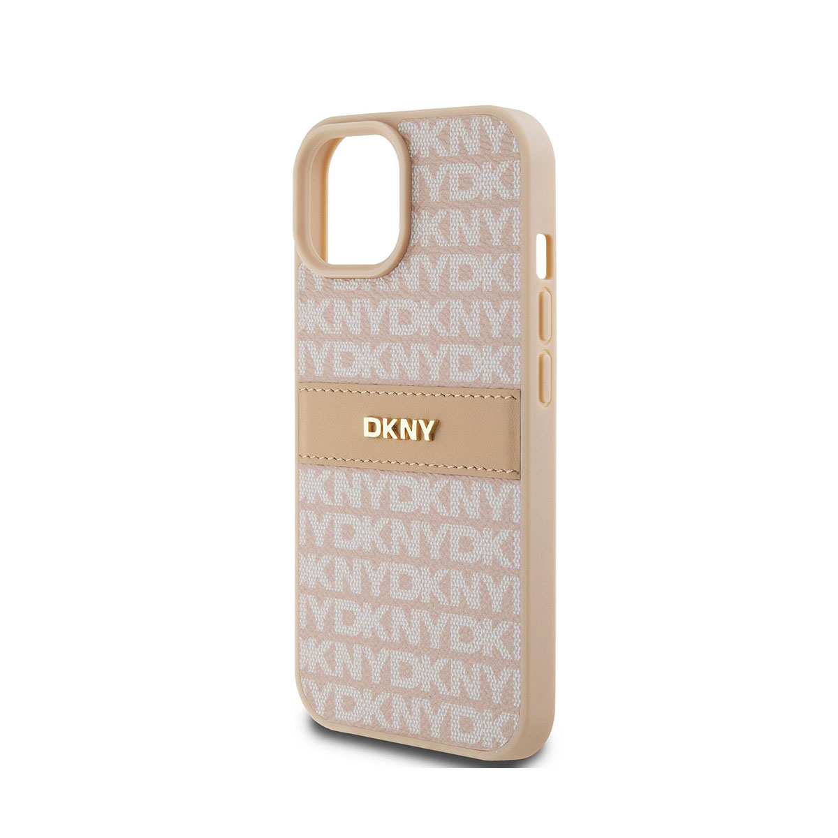 Una custodia beige per iPhone con logo DKNY e motivo ripetuto 'KNYDKNYI'. Ha ritagli per fotocamera e pulsanti.
