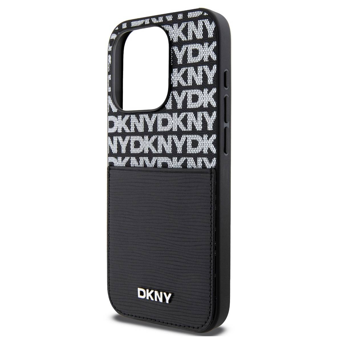 Custodia per telefono DKNY nera con motivo logo bianco e fessura per carte. 'DKNY' in basso.