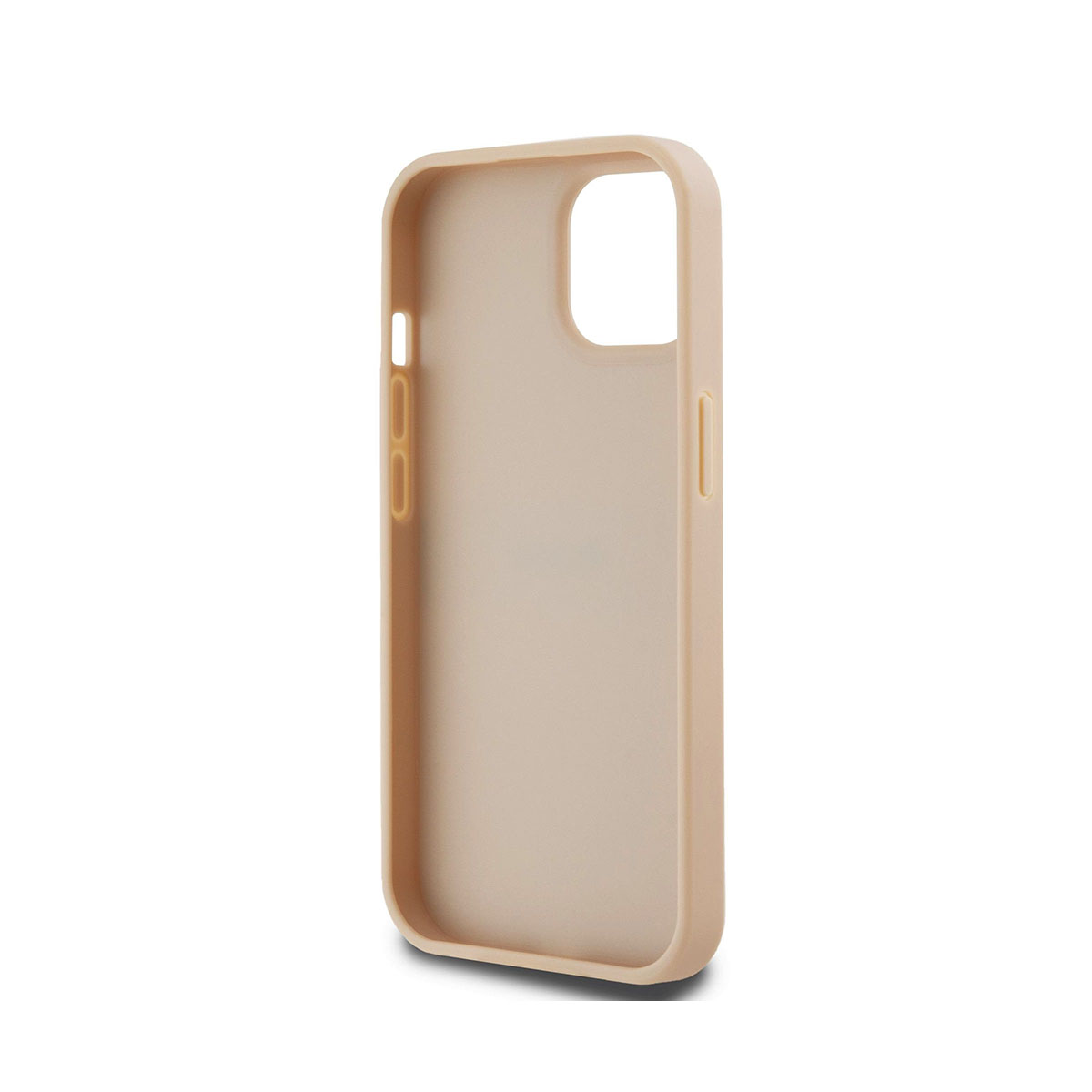 Una custodia per telefono beige è mostrata su sfondo bianco. La custodia è realizzata in materiale opaco e ha aperture per la fotocamera e i pulsanti.