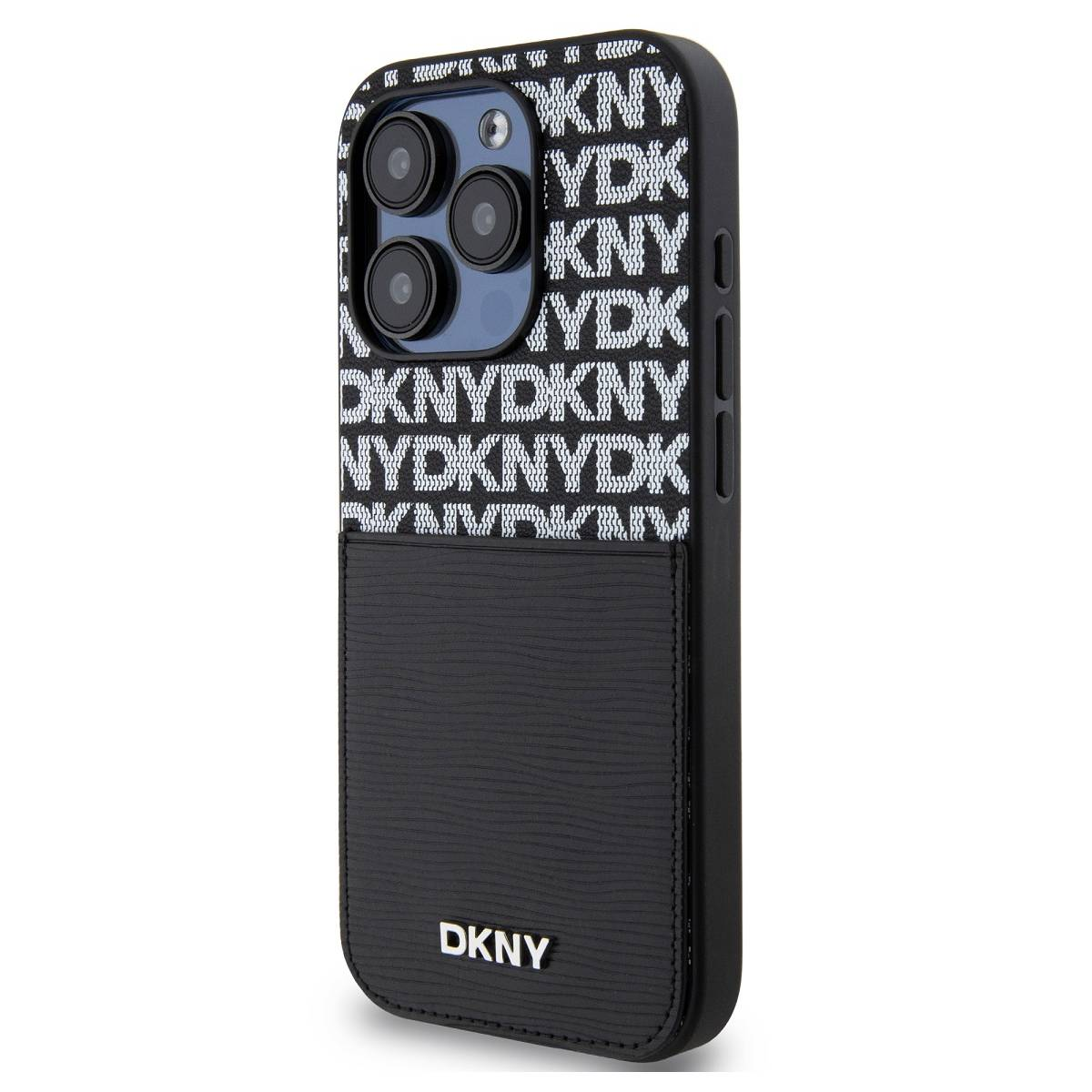 Un iPhone in una custodia DKNY nera. La custodia ha una metà inferiore strutturata e una metà superiore con motivi DKNY e NYDK bianchi.
