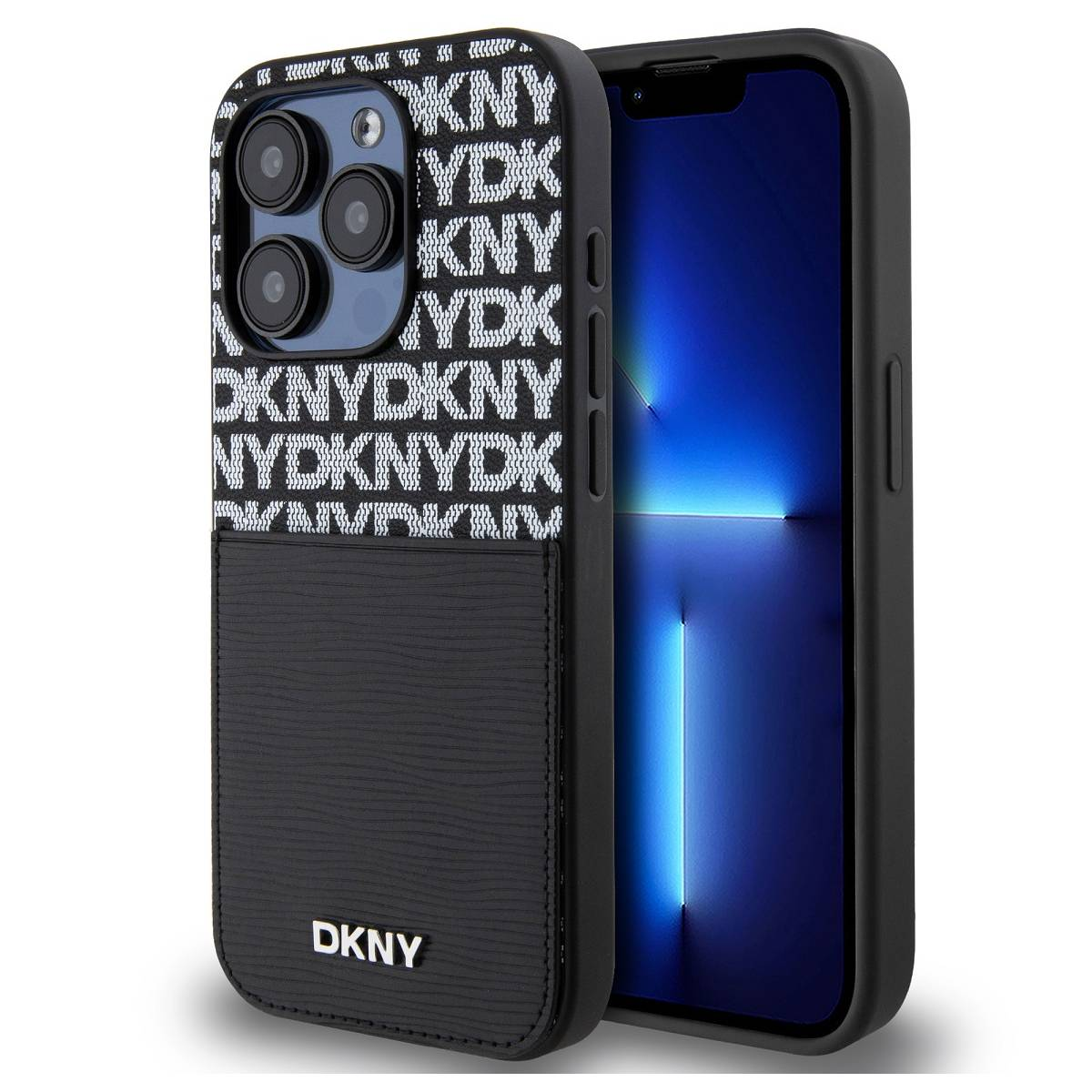 Una custodia nera per iPhone con logo DKNY. La custodia ha un motivo di lettere DKNY bianche sulla parte superiore e una tasca nera nella parte inferiore.
