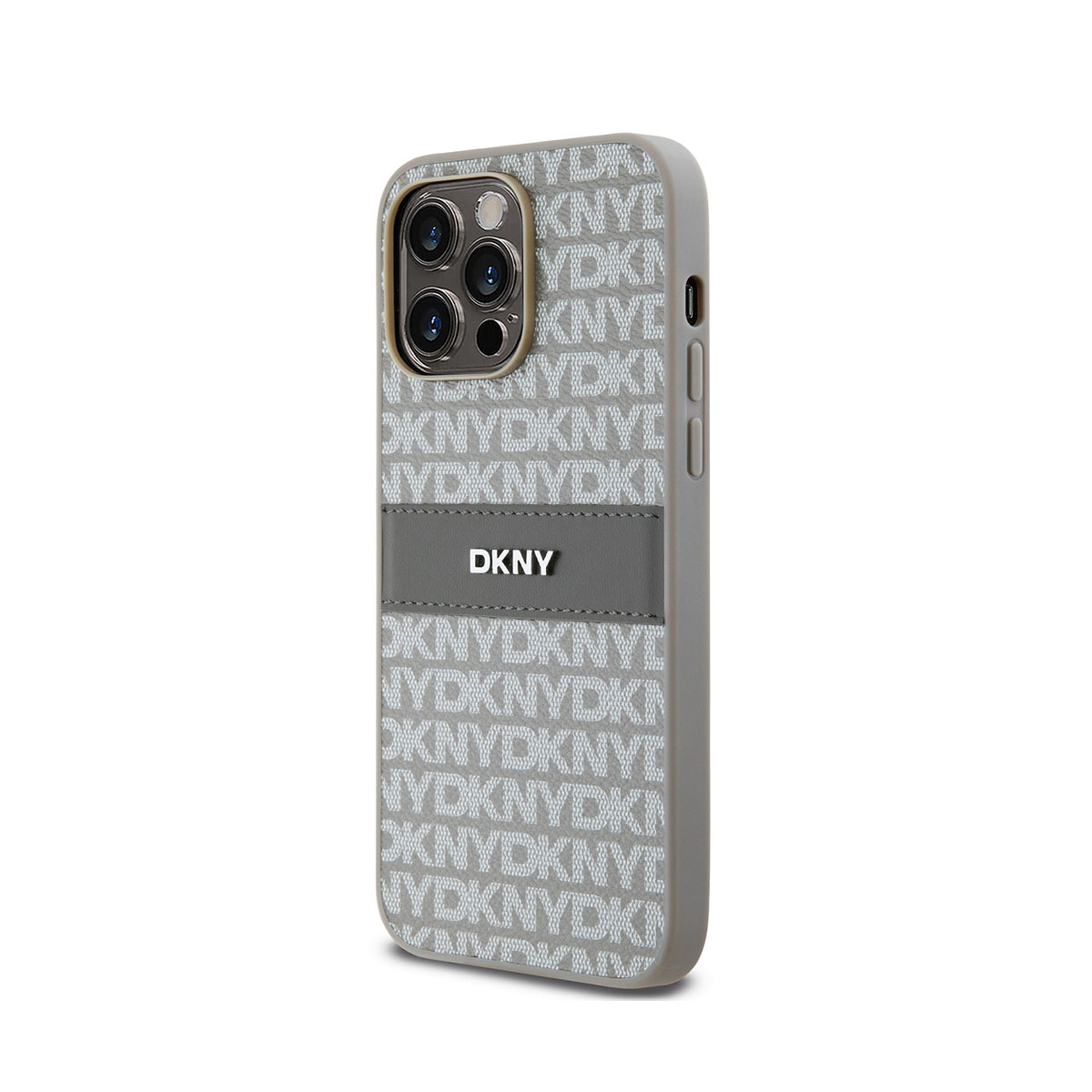 Una custodia per telefono con il logo DKNY. La custodia è grigia con un motivo DKNYNYC. Il telefono è uno smartphone moderno.