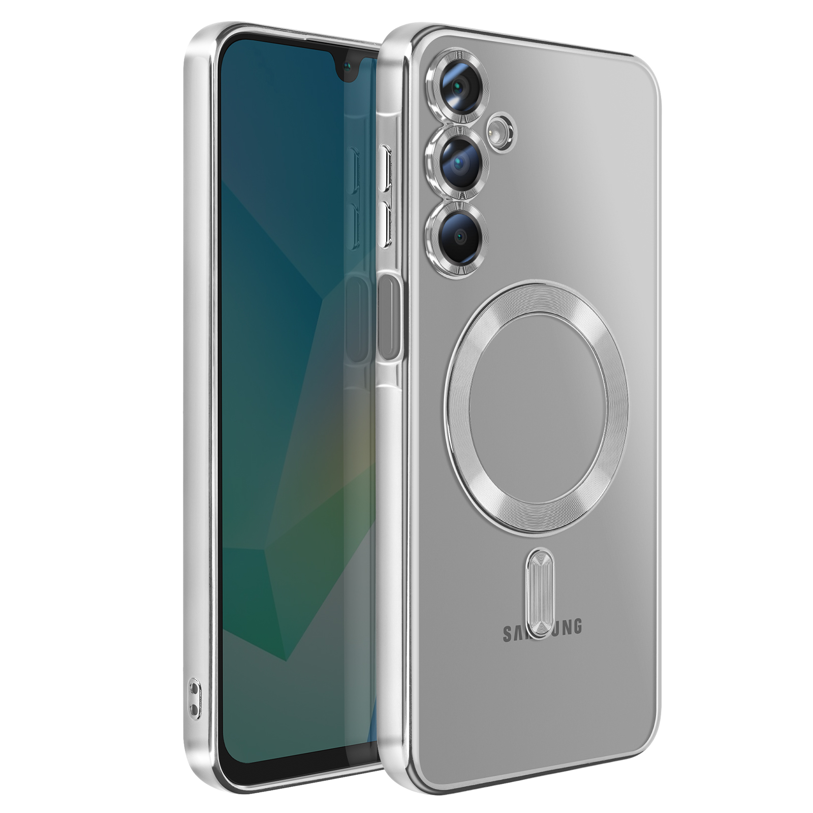 Une coque de téléphone argentée. Elle comporte trois caméras, un anneau magnétique et le logo Samsung.