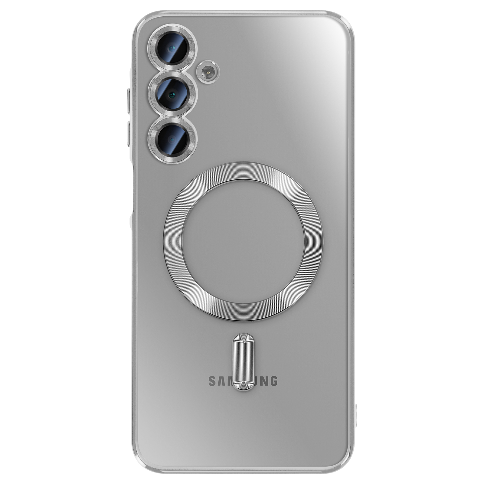 Une coque de téléphone transparente avec un anneau argenté et le logo Samsung. Trois objectifs de caméra sont visibles en haut.
