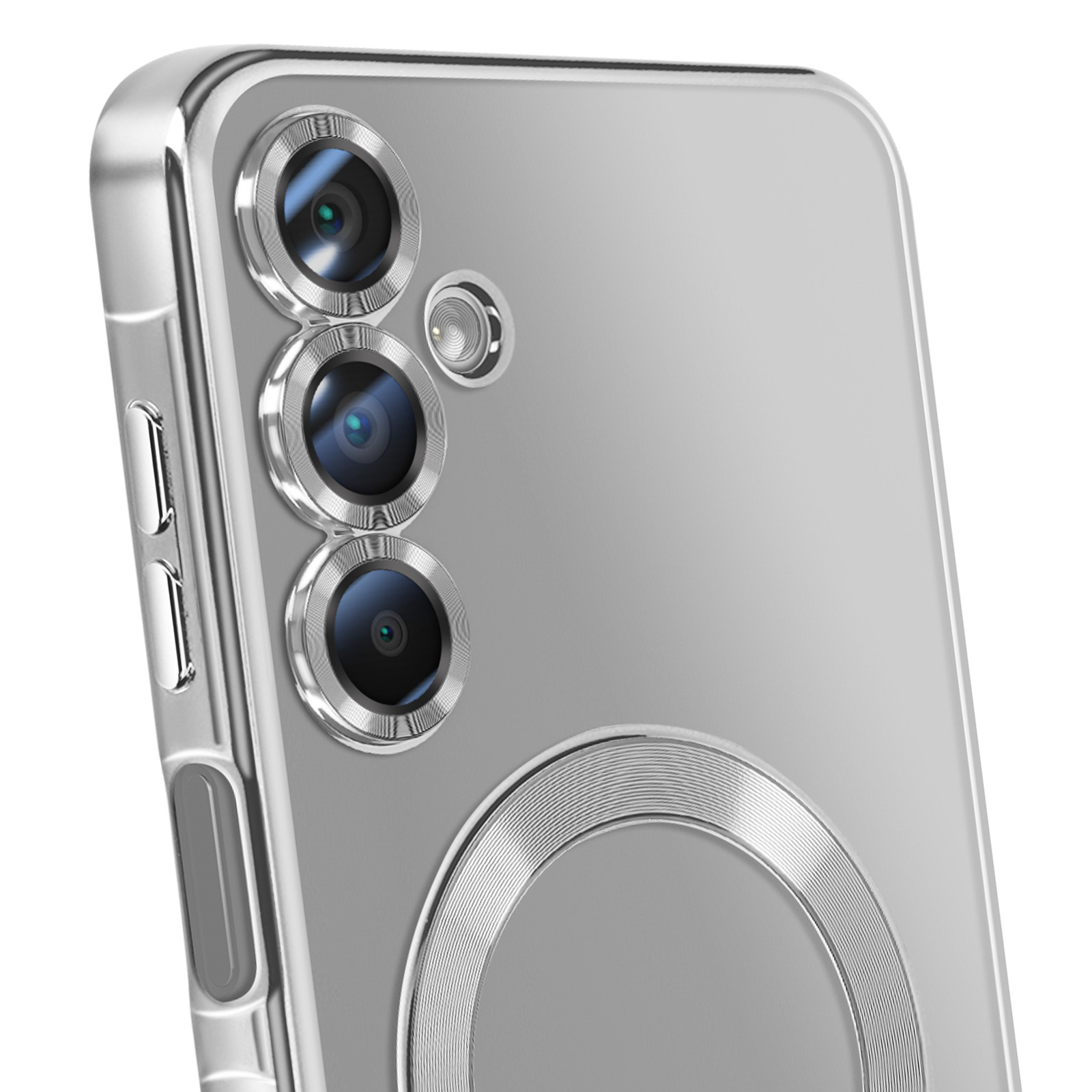 Gros plan de l'arrière d'un smartphone avec plusieurs objectifs et un design métallique. Le téléphone a un cadre argenté.