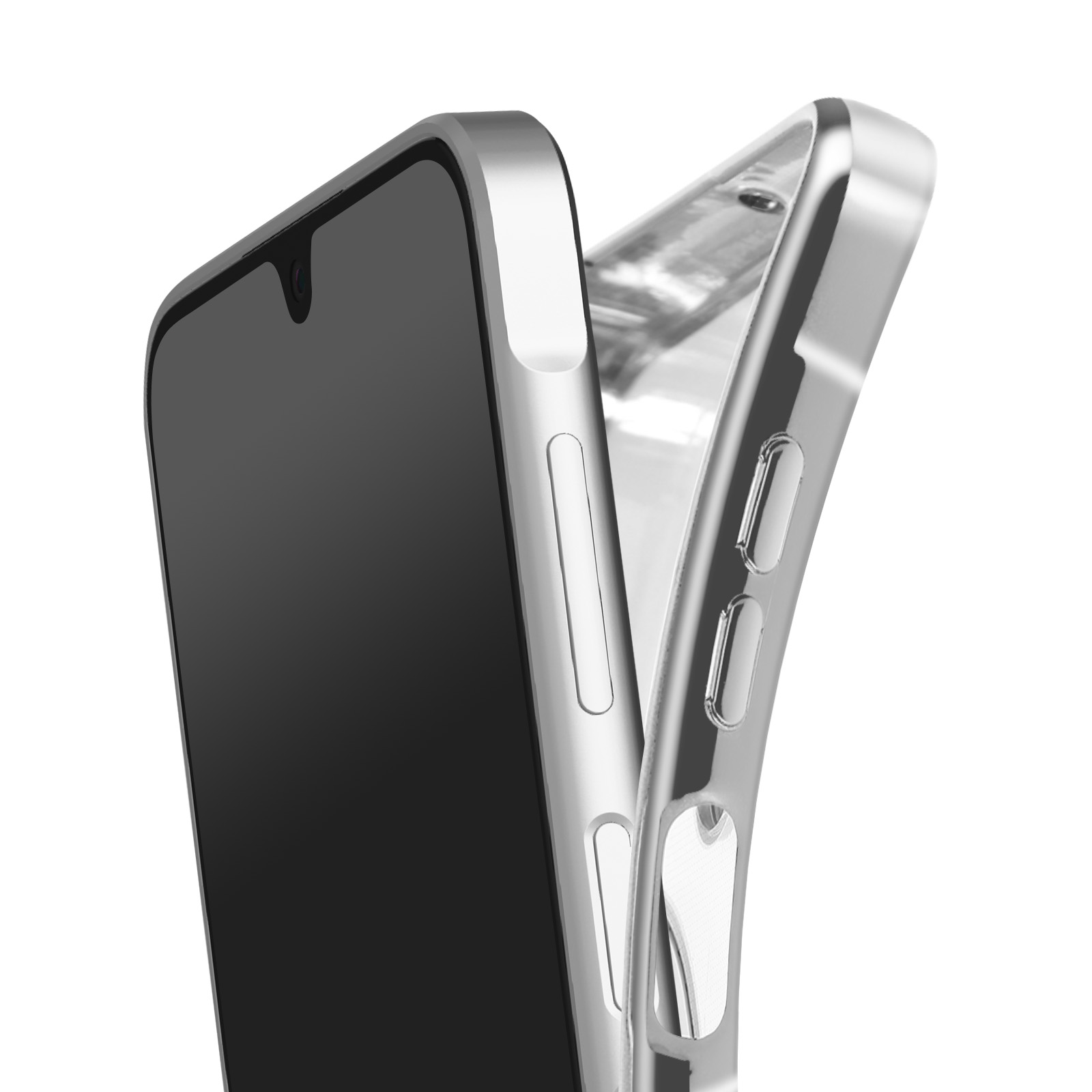 Un smartphone avec un écran noir et un étui argenté. L'étui est transparent. Le fond est blanc.