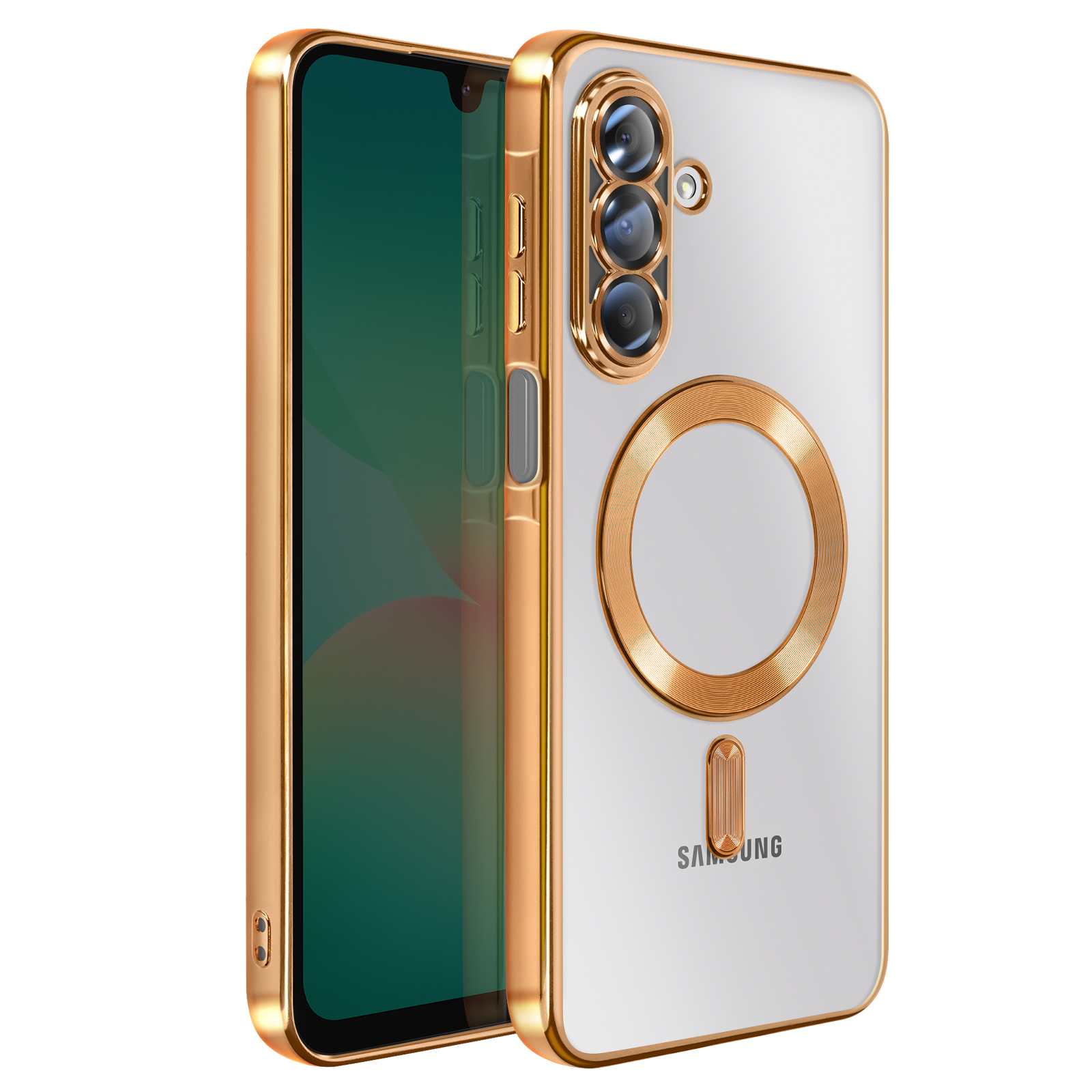 Un smartphone dans un étui doré avec un dos transparent. L'étui a une découpe pour l'appareil photo et un design circulaire.