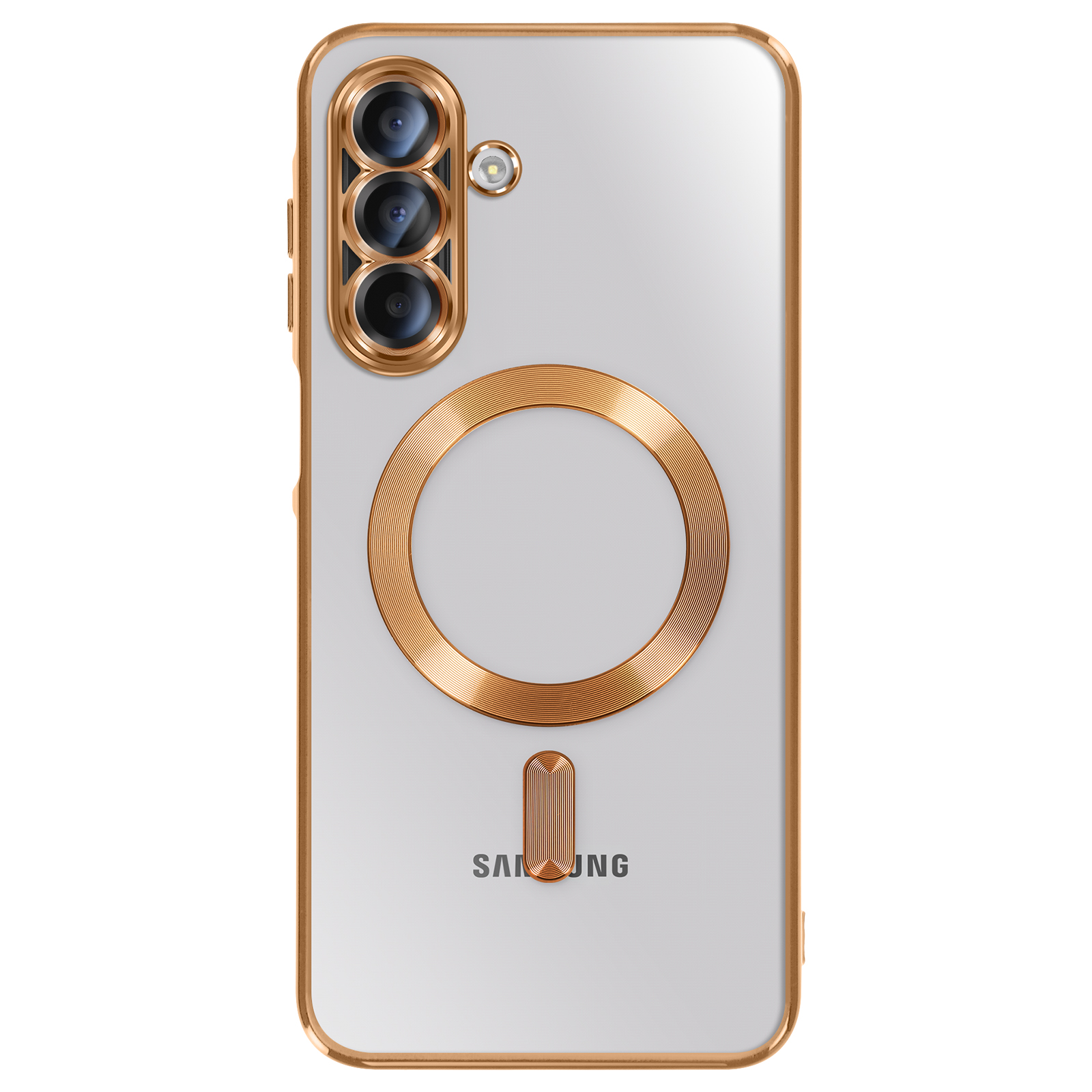 Une coque de téléphone avec des bords et des accents dorés. Elle a un design de caméra à trois lentilles et un anneau magnétique doré.