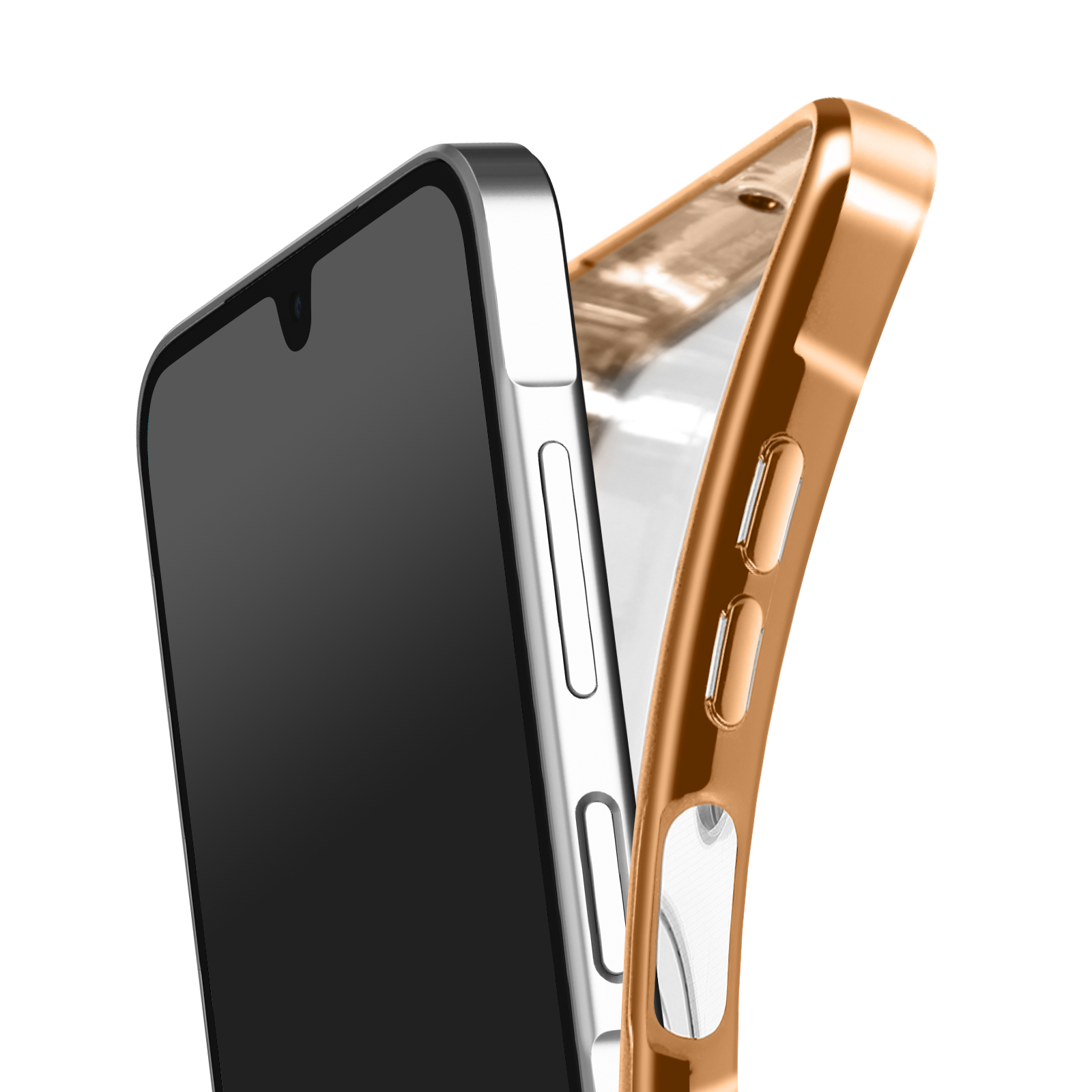 Un smartphone et une coque de protection. Le téléphone est noir avec un cadre argenté. La coque est dorée.
